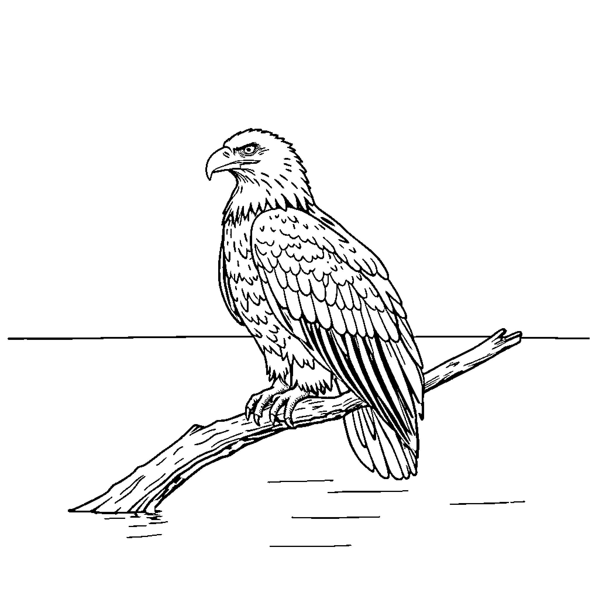 Eagle perched on branch Coloring Page (free black-and-white line drawing printable PDF for all, from beginners to advanced learners, including children, teens, adults, and seniors)