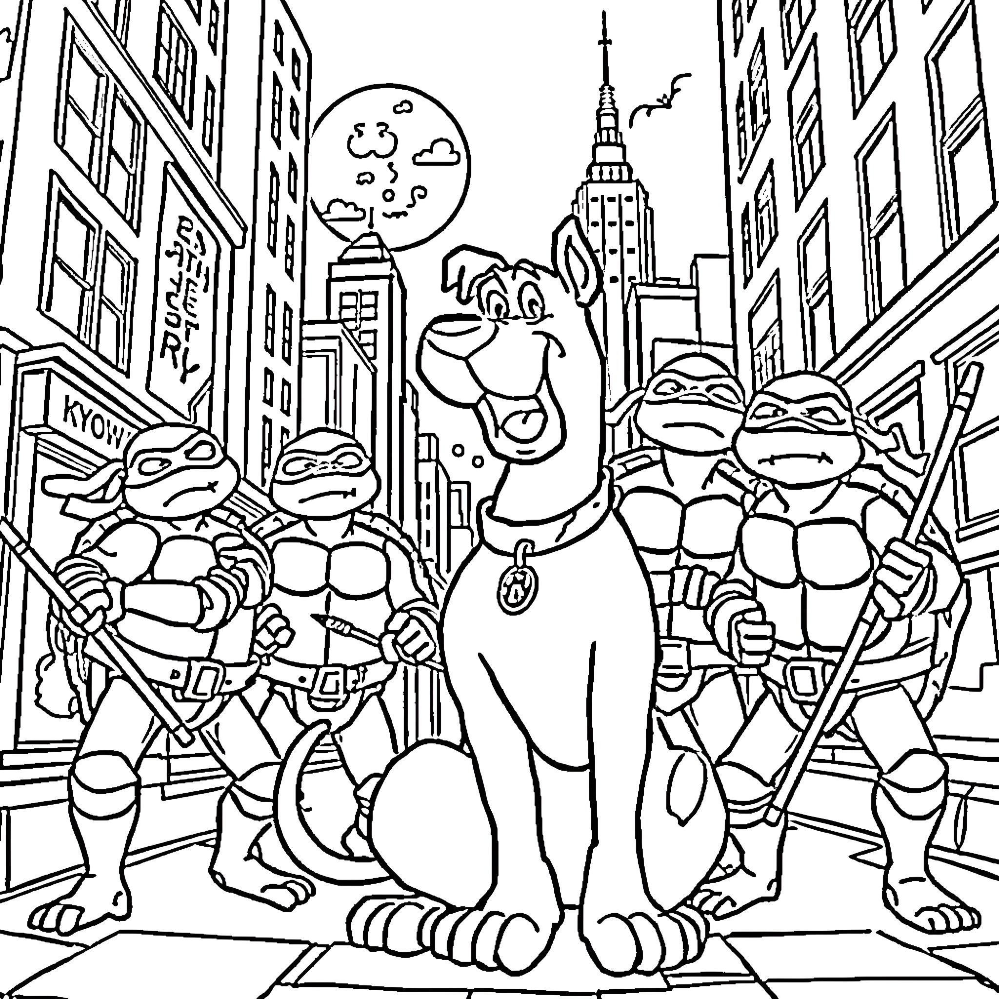 Scooby Doo and the Teenage Mutant Ninja Turtles in New York City Coloring Page (free black-and-white line drawing printable PDF for all, from beginners to advanced learners, including children, teens, adults, and seniors)