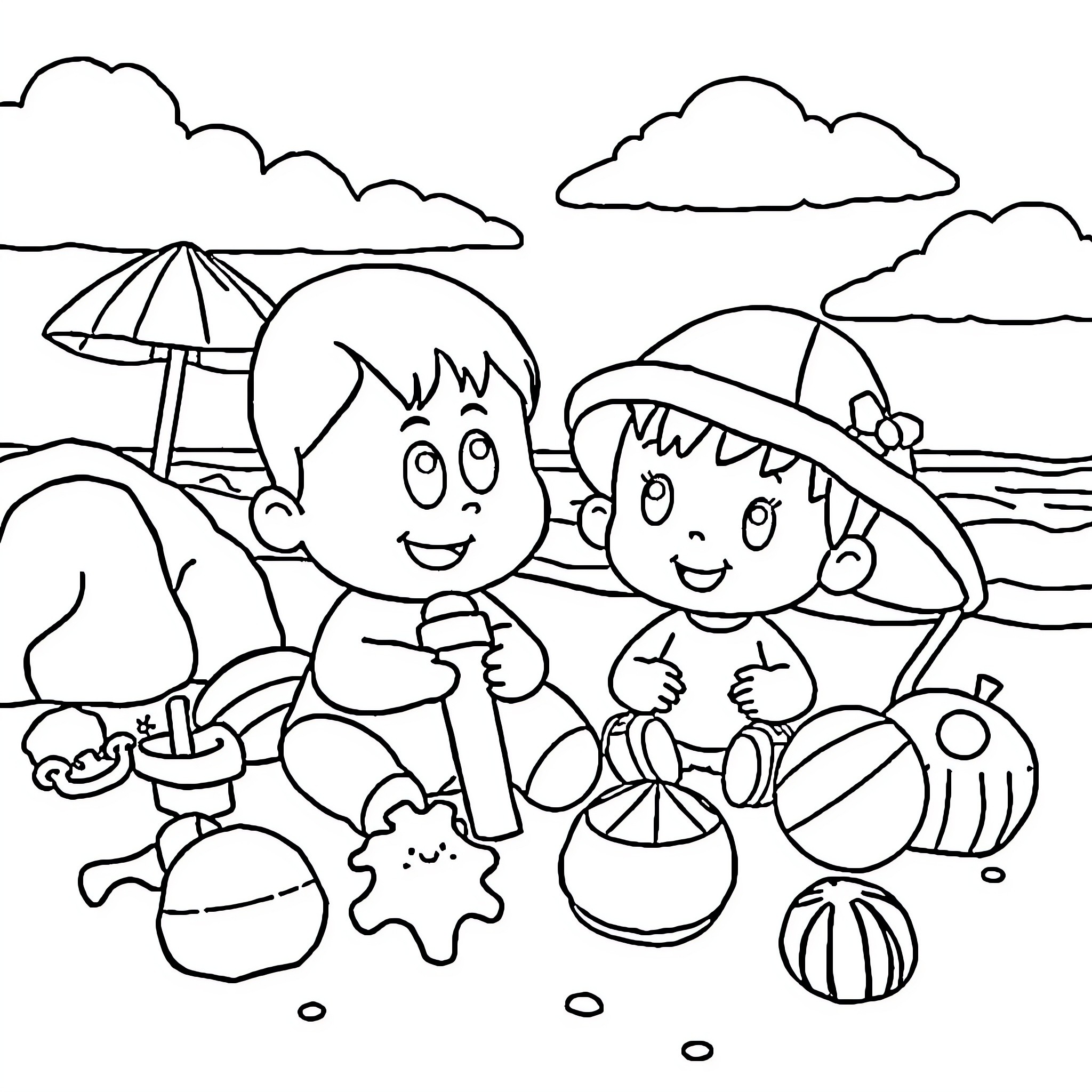 Pocoyo and Friend Enjoying Summer at the Beach Coloring Page (free black-and-white line drawing printable PDF for all, from beginners to advanced learners, including children, teens, adults, and seniors)