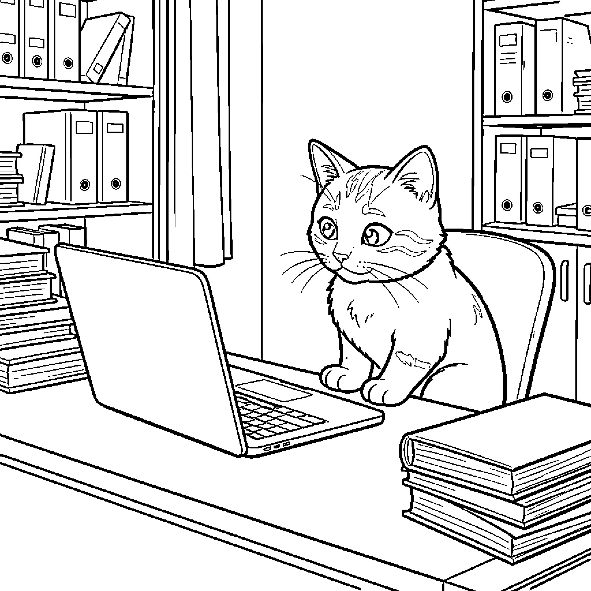 Cat Relaxing in Home Office Coloring Page (free black-and-white line drawing printable PDF for all, from beginners to advanced learners, including children, teens, adults, and seniors)