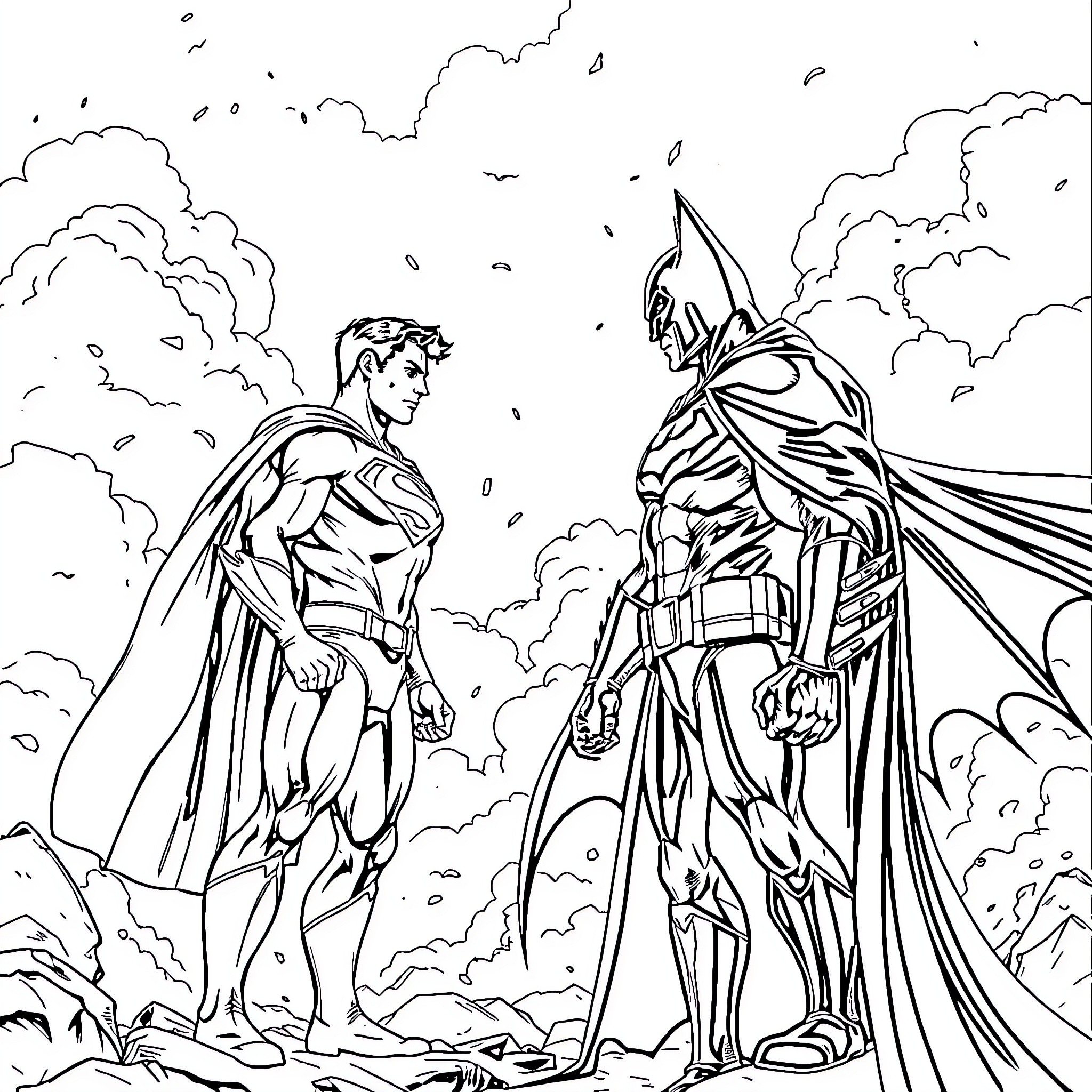 Superman and Batman facing off in epic battle Coloring Page (free black-and-white line drawing printable PDF for all, from beginners to advanced learners, including children, teens, adults, and seniors)