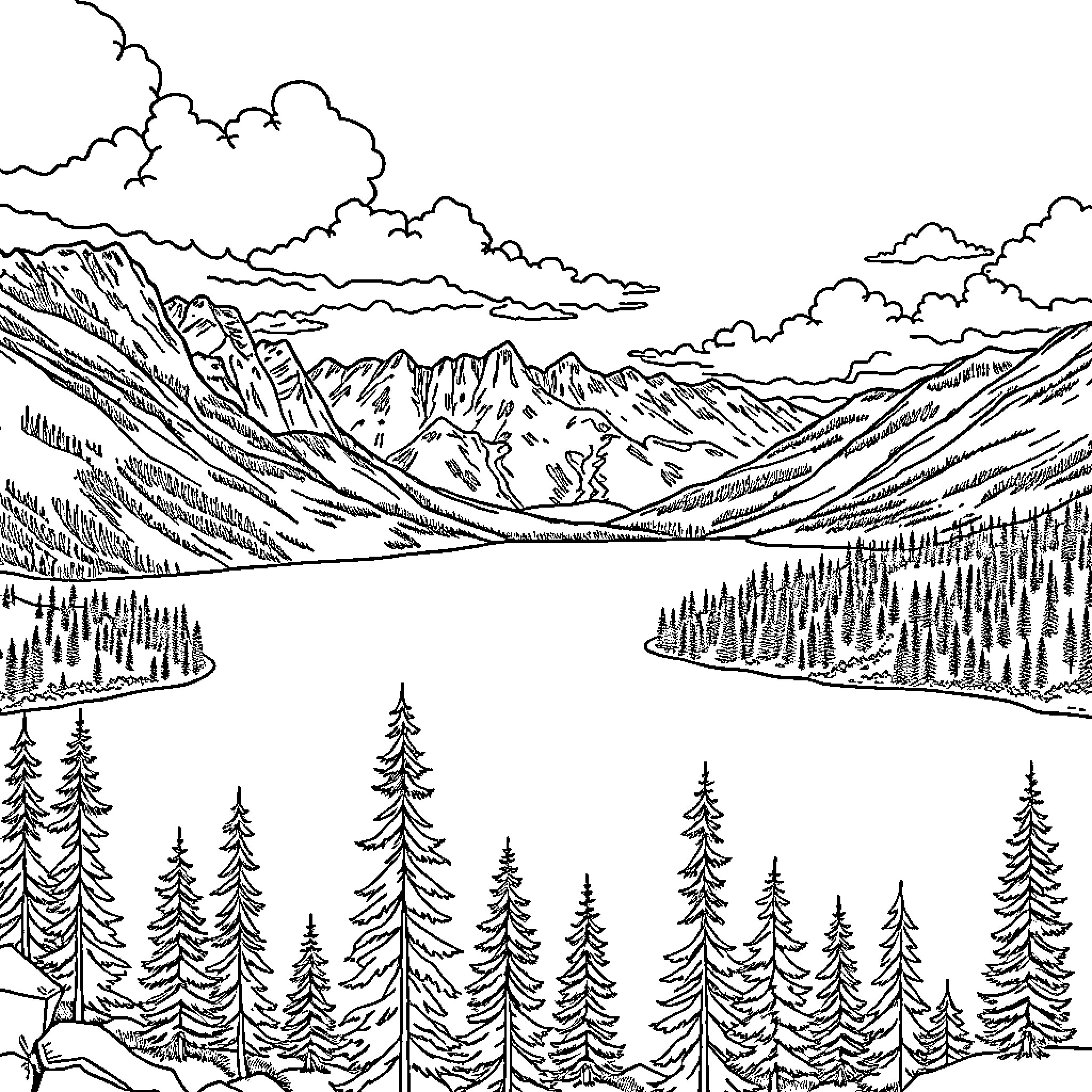 Lake surrounded by rugged mountains and pine forests Coloring Page (free black-and-white line drawing printable PDF for all, from beginners to advanced learners, including children, teens, adults, and seniors)