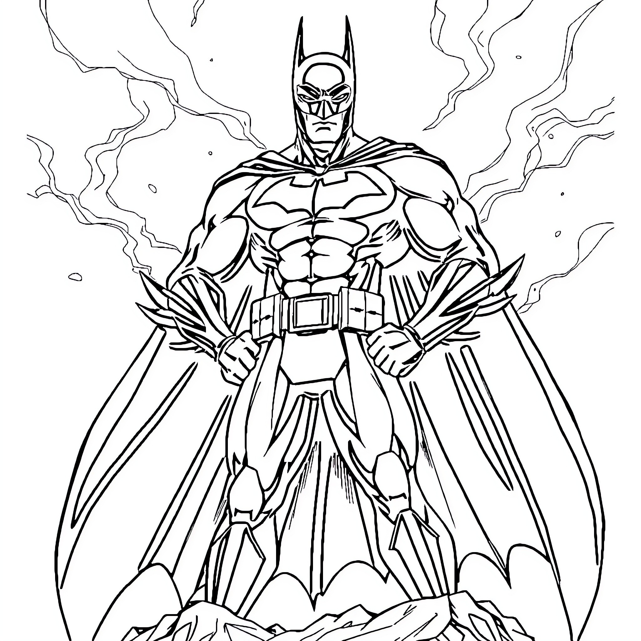 Batman in Powerful and Dramatic Pose Coloring Page (free black-and-white line drawing printable PDF for all, from beginners to advanced learners, including children, teens, adults, and seniors)
