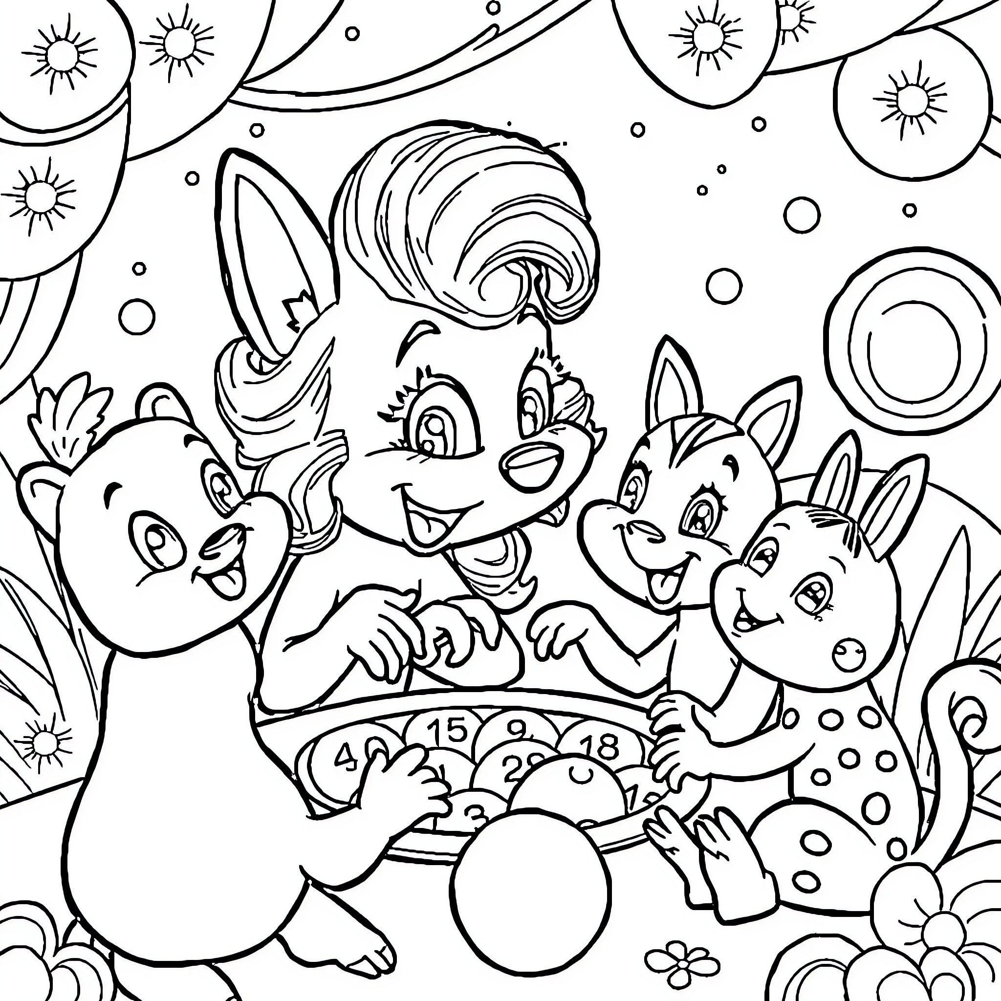 Bingo Time with Friendly Animals Coloring Page (free black-and-white line drawing printable PDF for all, from beginners to advanced learners, including children, teens, adults, and seniors)