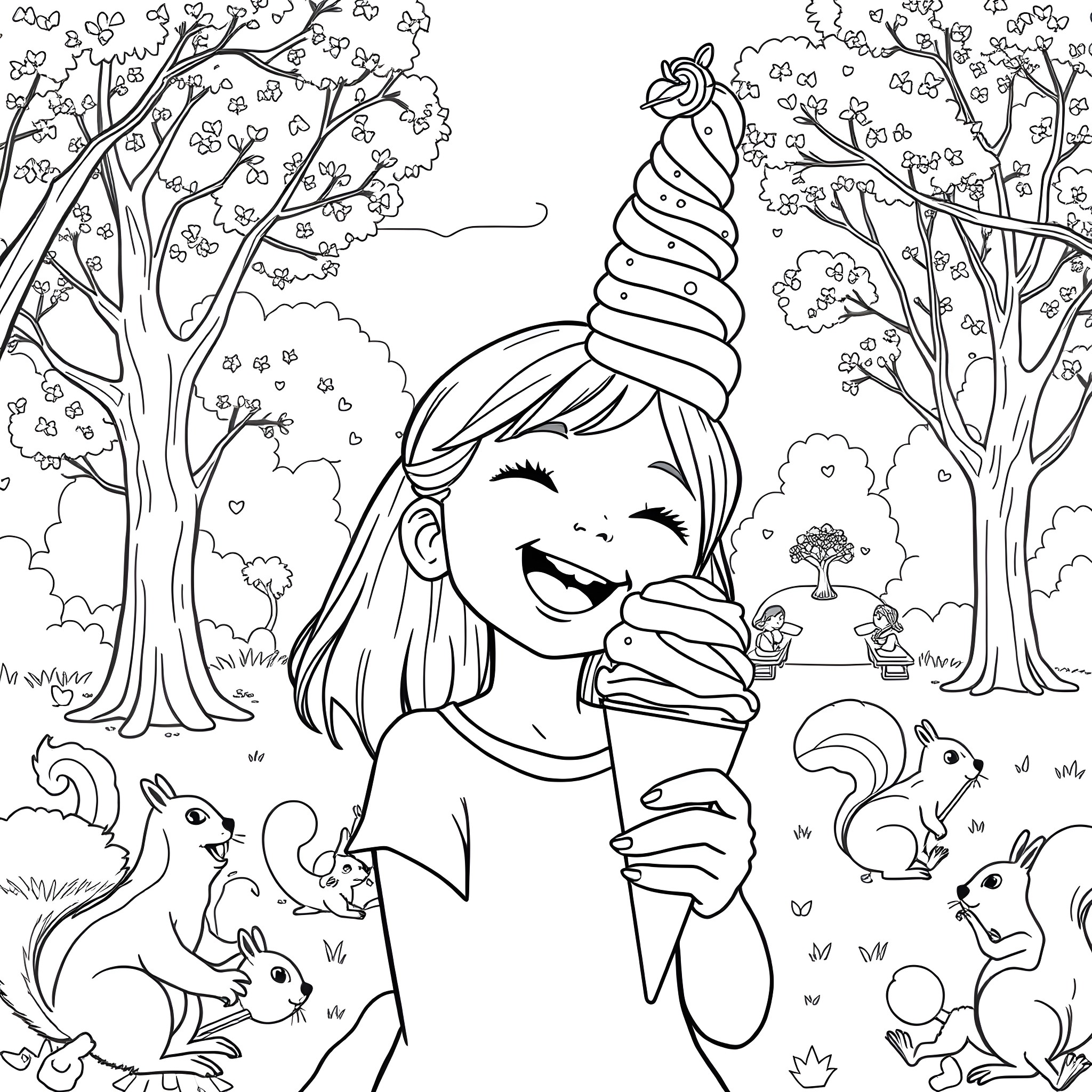 Girl enjoying ice cream in the forest Coloring Page (free black-and-white line drawing printable PDF for all, from beginners to advanced learners, including children, teens, adults, and seniors)
