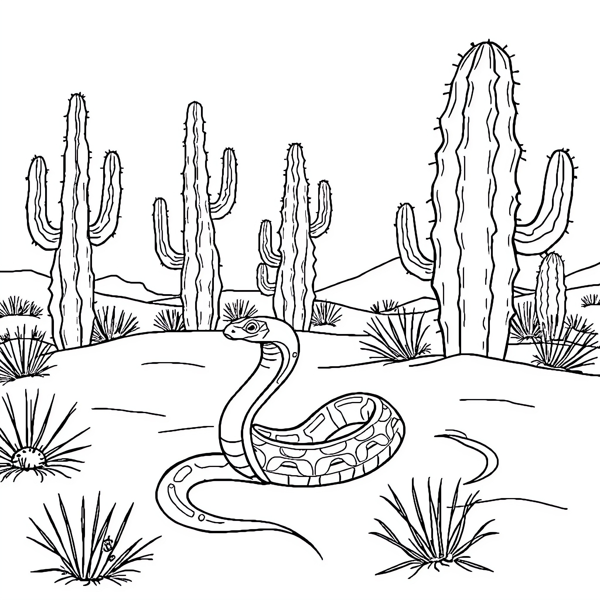 Snake slithering through desert cactus landscape Coloring Page (free black-and-white line drawing printable PDF for all, from beginners to advanced learners, including children, teens, adults, and seniors)