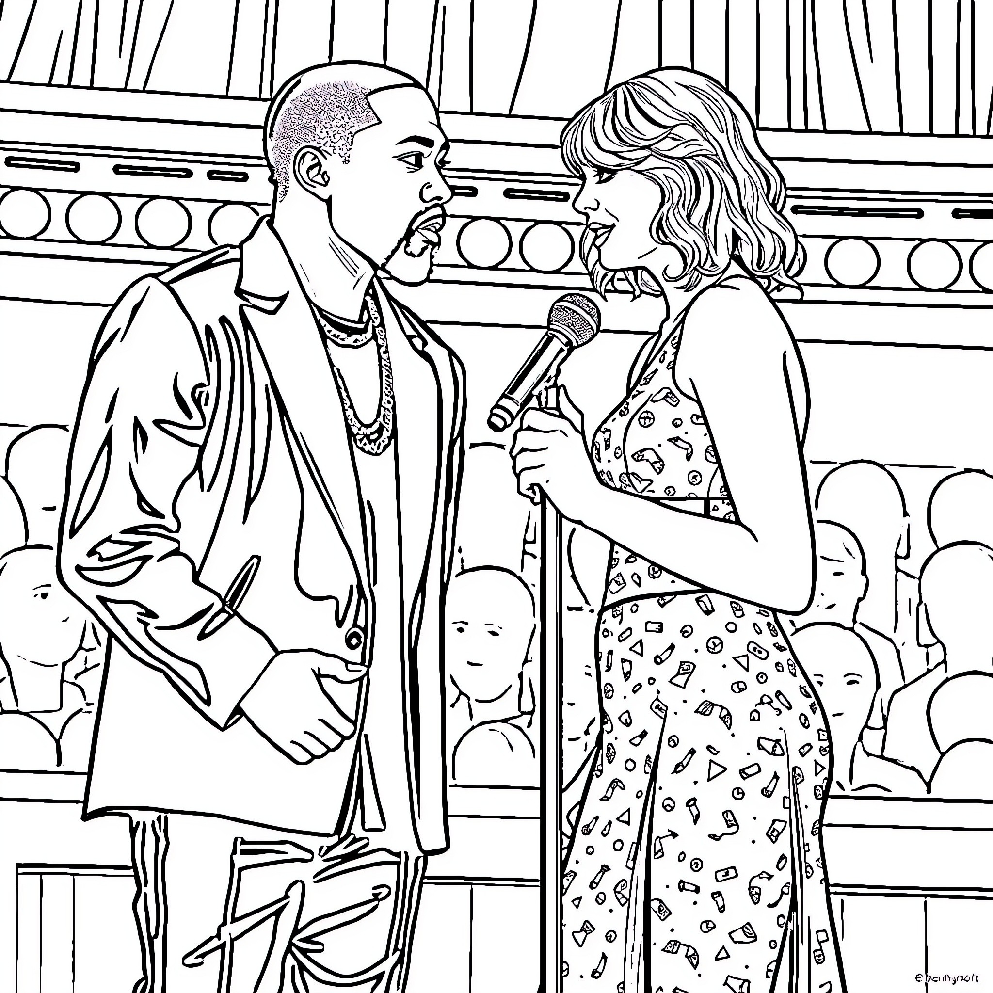 Taylor Swift performing with a musician on stage Coloring Page (free black-and-white line drawing printable PDF for all, from beginners to advanced learners, including children, teens, adults, and seniors)