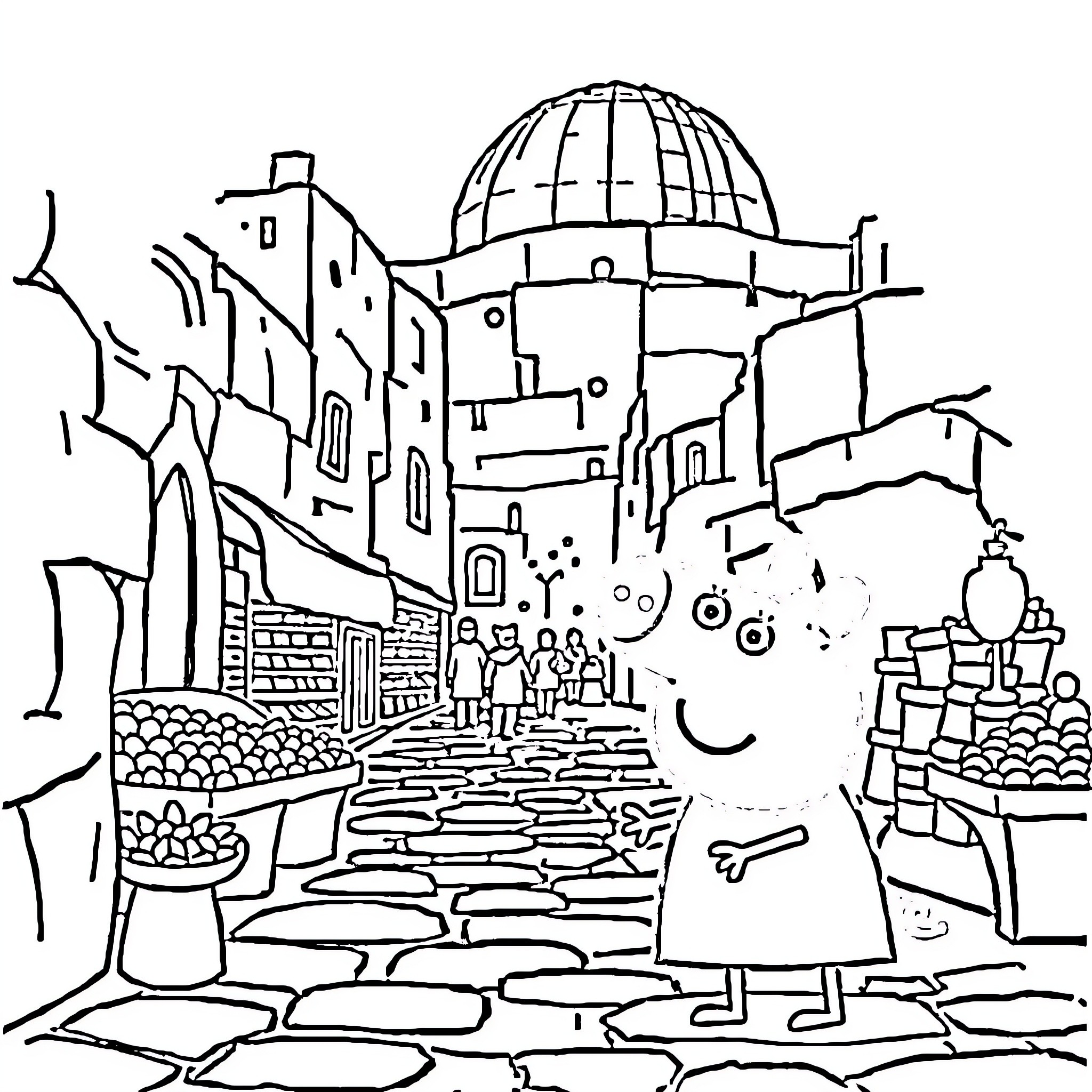 Peppa Pig exploring a charming medieval town Coloring Page (free black-and-white line drawing printable PDF for all, from beginners to advanced learners, including children, teens, adults, and seniors)