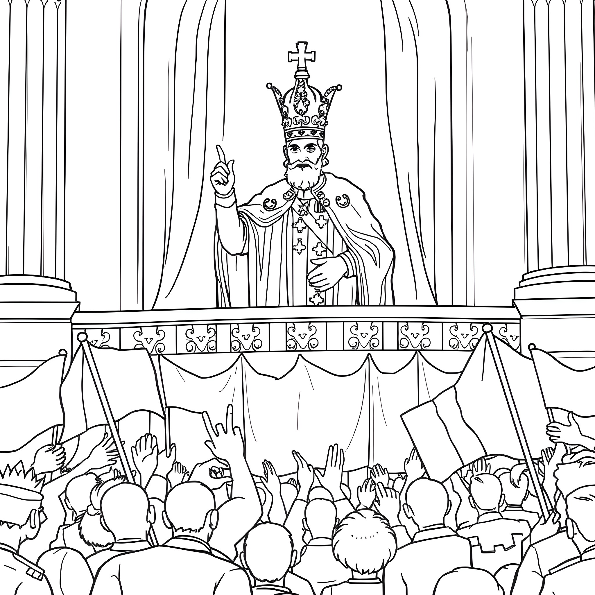 King presiding over grand ceremony with crowd Coloring Page (free black-and-white line drawing printable PDF for all, from beginners to advanced learners, including children, teens, adults, and seniors)