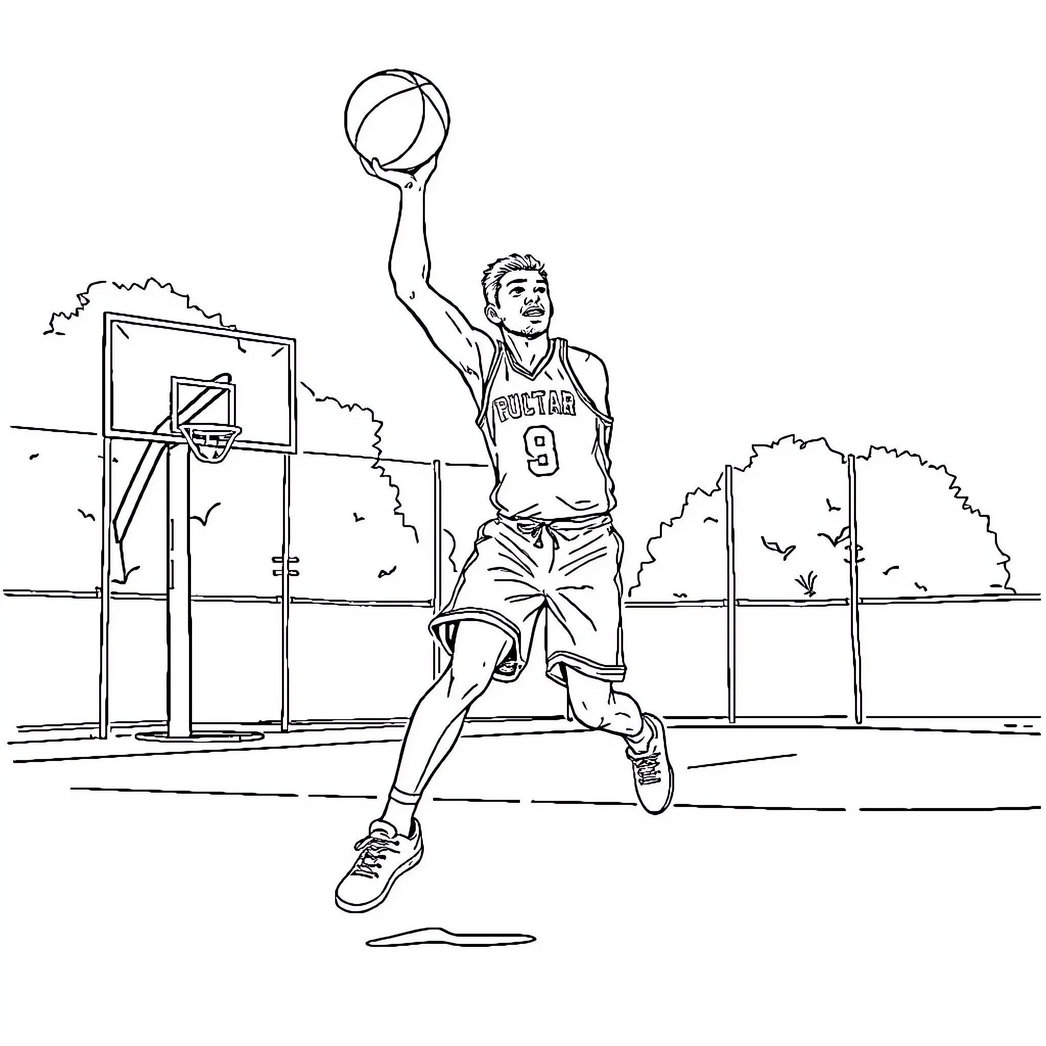 Barman shooting basketball on outdoor court Coloring Page (free black-and-white line drawing printable PDF for all, from beginners to advanced learners, including children, teens, adults, and seniors)
