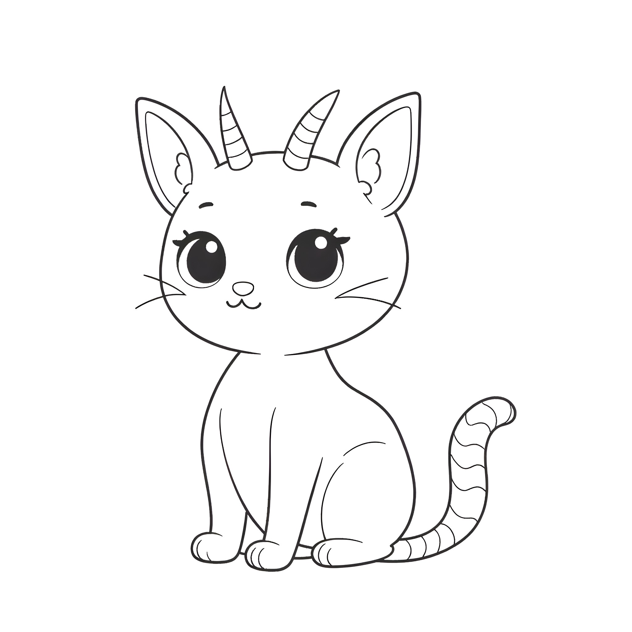 Siamese Cat with Unicorn Horn Coloring Page (free black-and-white line drawing printable PDF for all, from beginners to advanced learners, including children, teens, adults, and seniors)