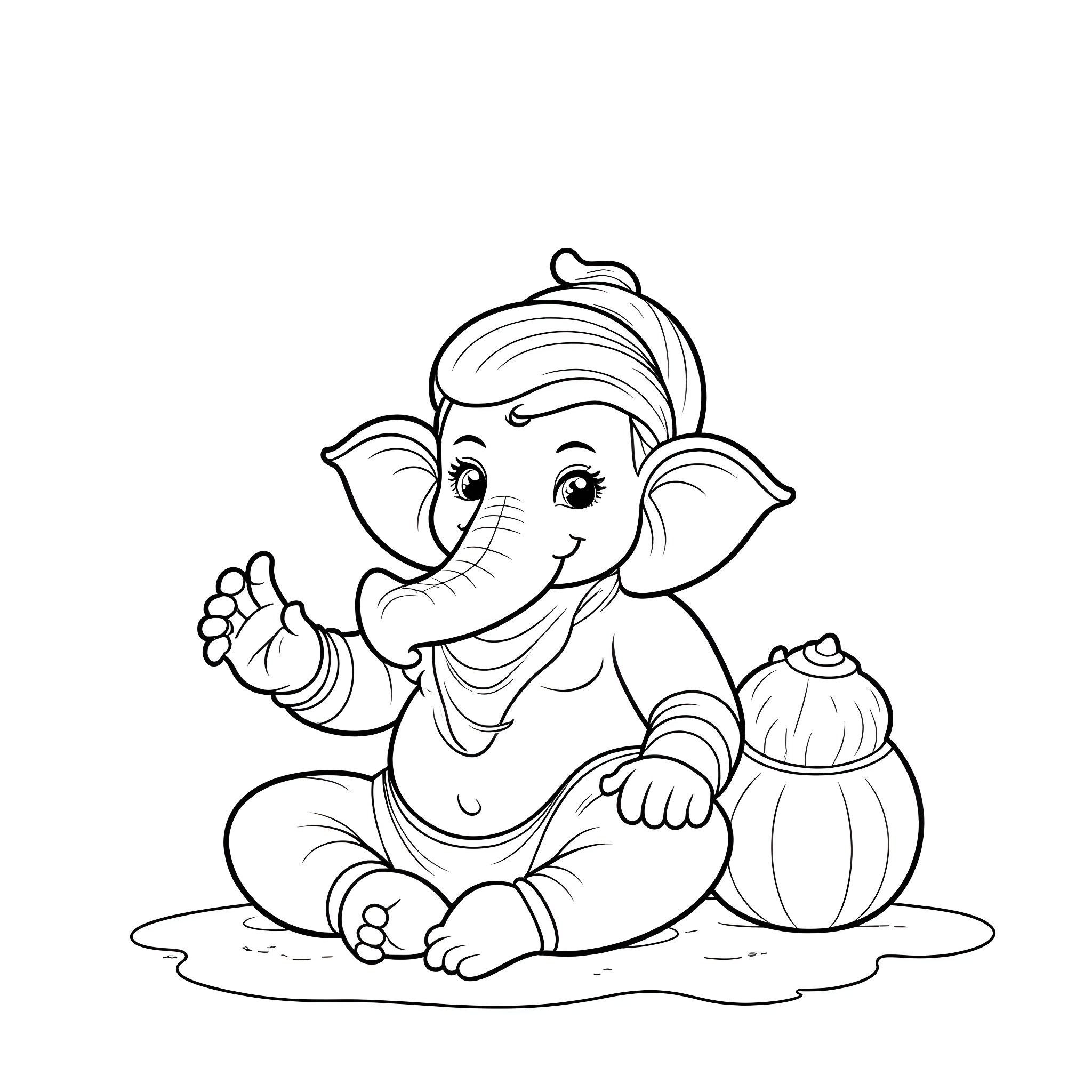 Ganesh playing with a toy pot Coloring Page (free black-and-white line drawing printable PDF for all, from beginners to advanced learners, including children, teens, adults, and seniors)