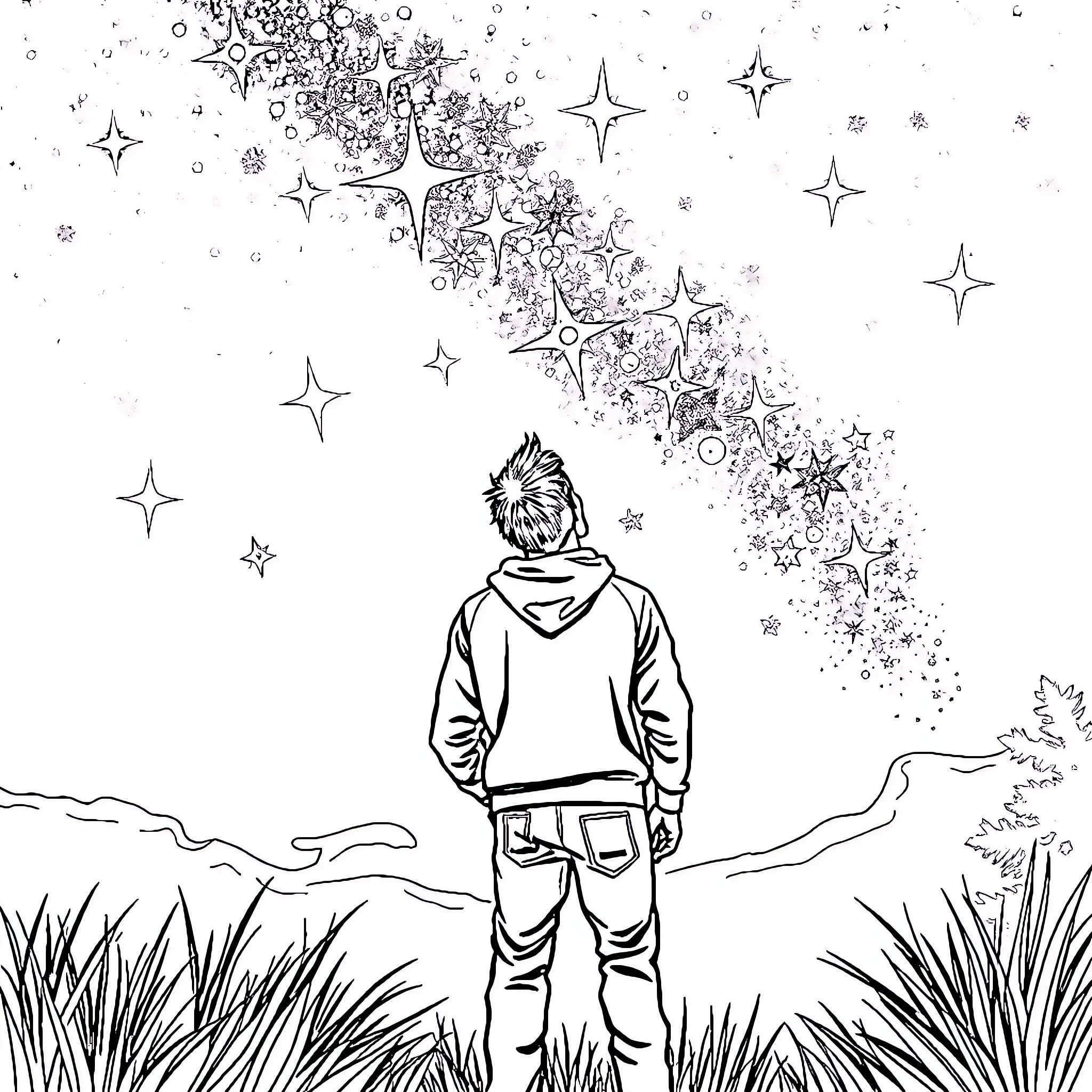 Man gazing at enchanting celestial display Coloring Page (free black-and-white line drawing printable PDF for all, from beginners to advanced learners, including children, teens, adults, and seniors)