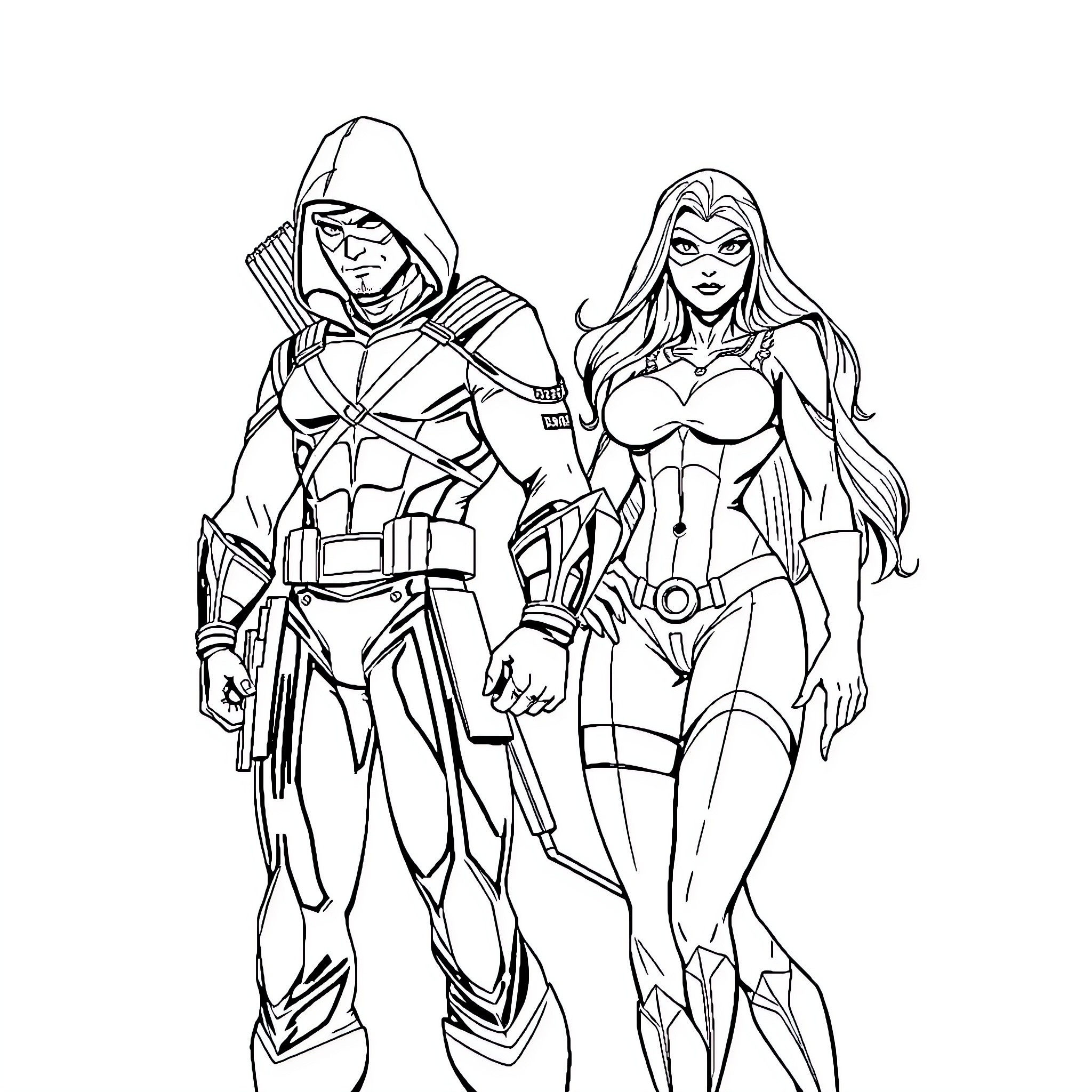 Arrow-wielding duo in action-packed outfits Coloring Page (free black-and-white line drawing printable PDF for all, from beginners to advanced learners, including children, teens, adults, and seniors)
