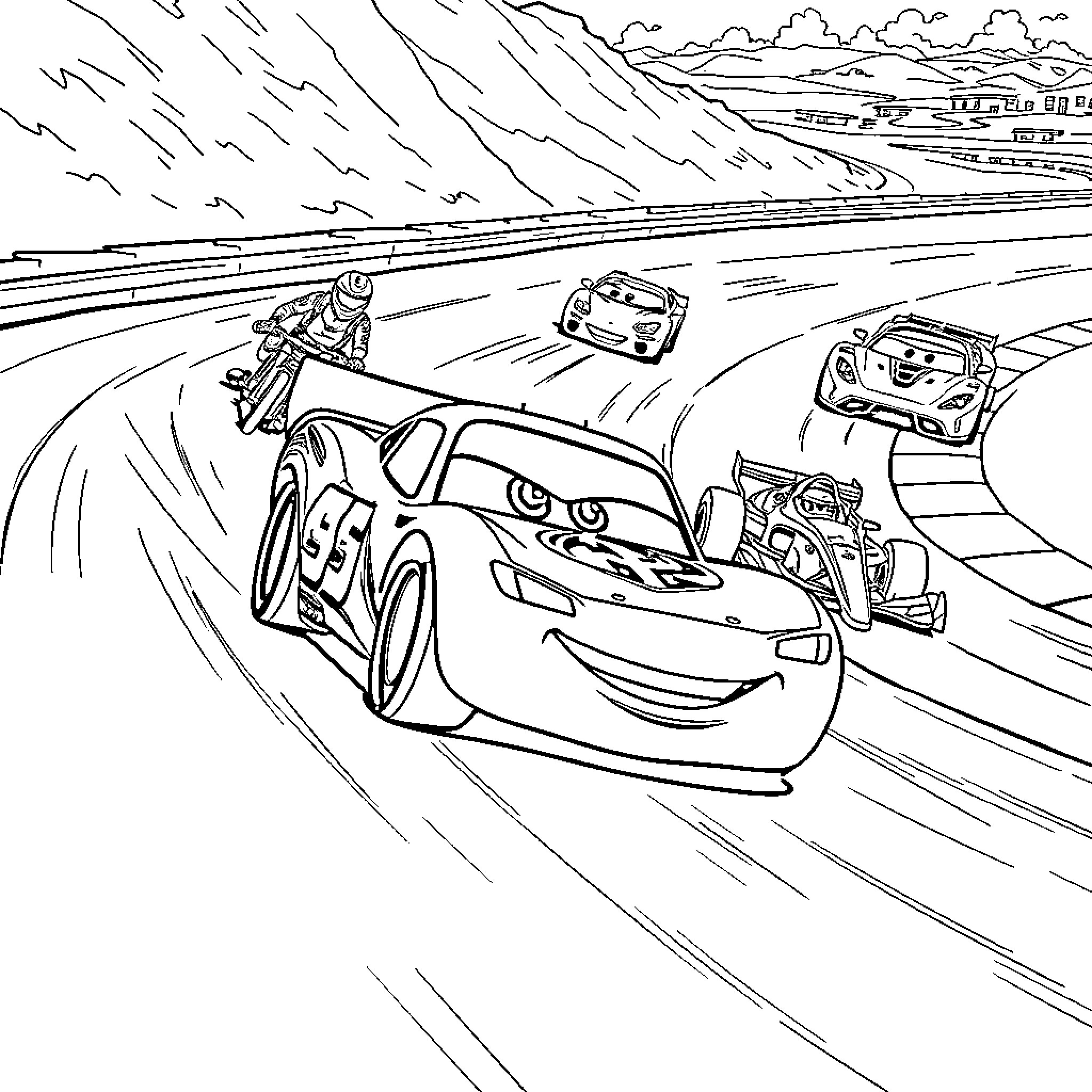 Lightning McQueen racing with friends on the road Coloring Page (free black-and-white line drawing printable PDF for all, from beginners to advanced learners, including children, teens, adults, and seniors)