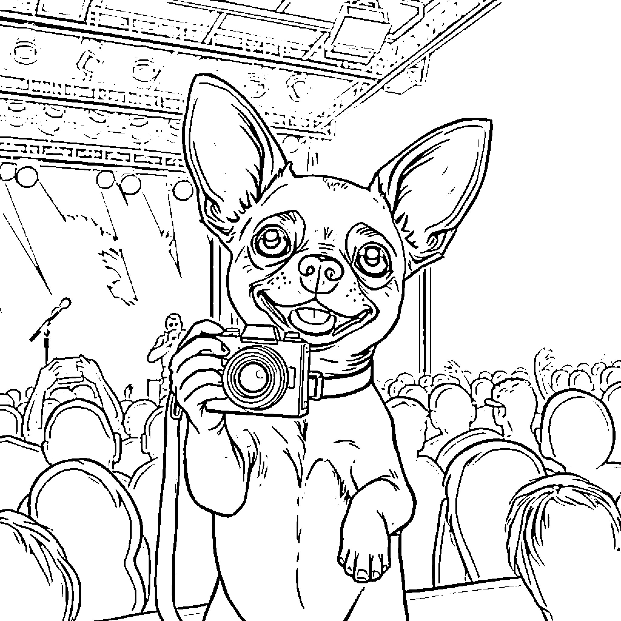 Chihuahua Taking a Photo at a Concert Coloring Page (free black-and-white line drawing printable PDF for all, from beginners to advanced learners, including children, teens, adults, and seniors)