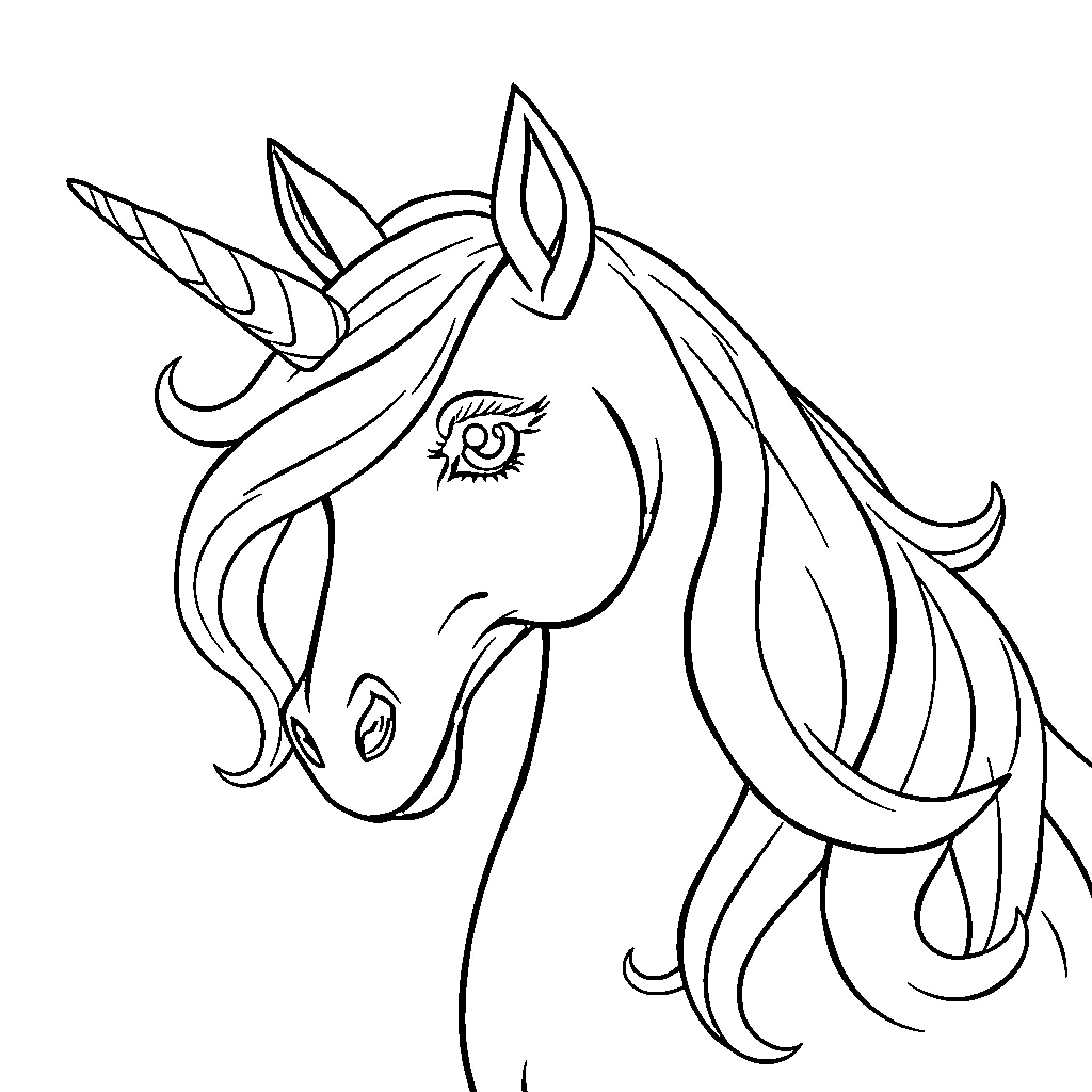 Princess Unicorn with Flowing Mane and Horn Coloring Page (free black-and-white line drawing printable PDF for all, from beginners to advanced learners, including children, teens, adults, and seniors)