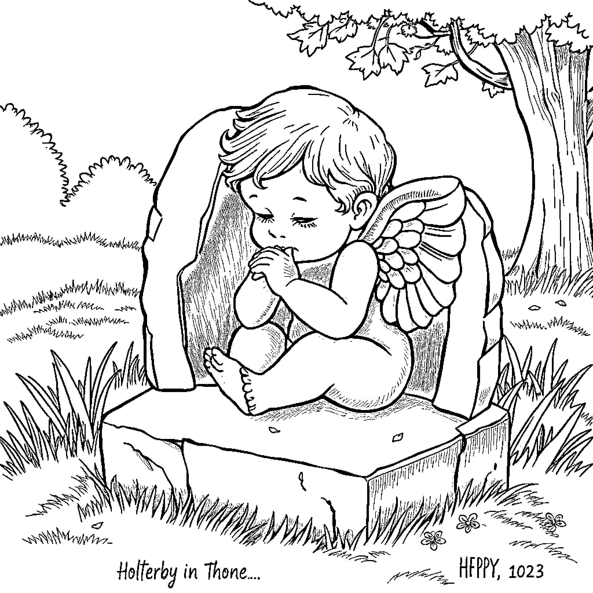 Angel contemplating in the idyllic forest Coloring Page (free black-and-white line drawing printable PDF for all, from beginners to advanced learners, including children, teens, adults, and seniors)