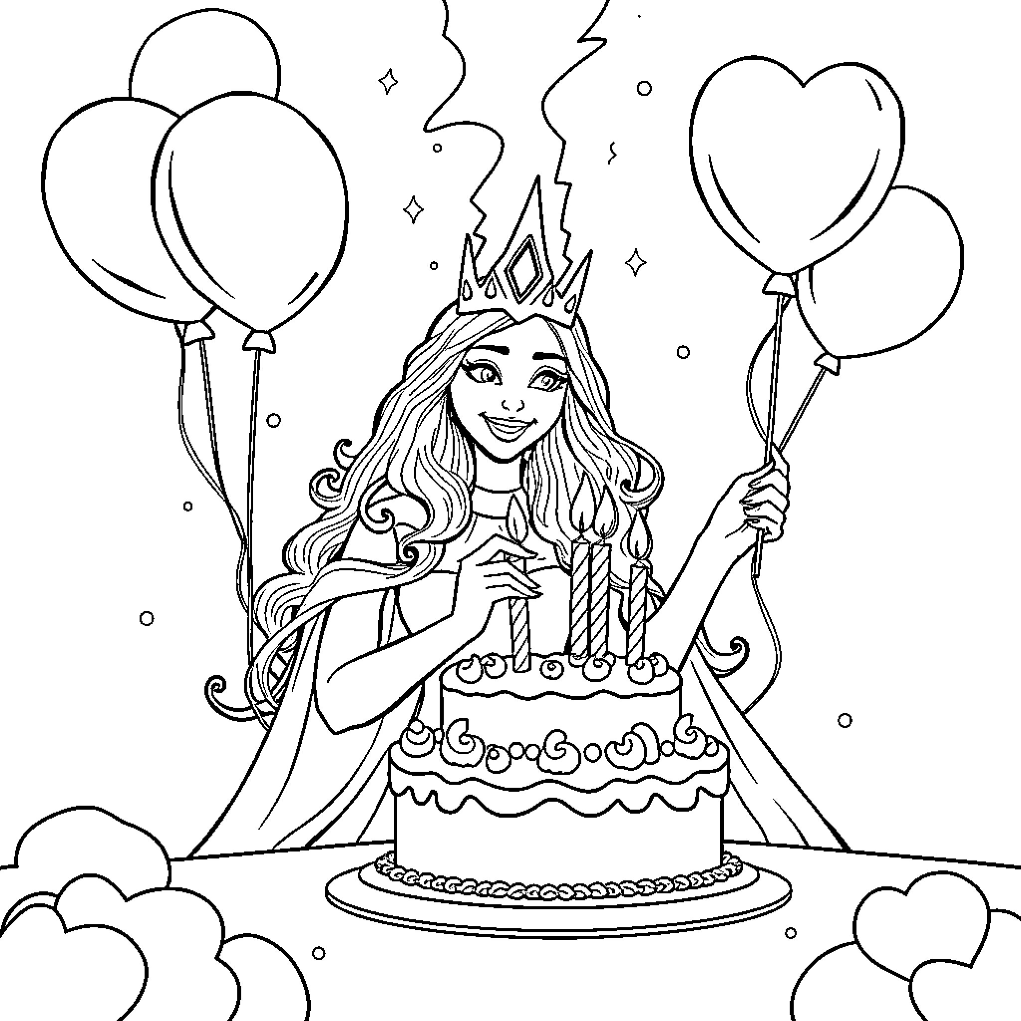 Lightning Queen's Birthday Celebration Coloring Page (free black-and-white line drawing printable PDF for all, from beginners to advanced learners, including children, teens, adults, and seniors)
