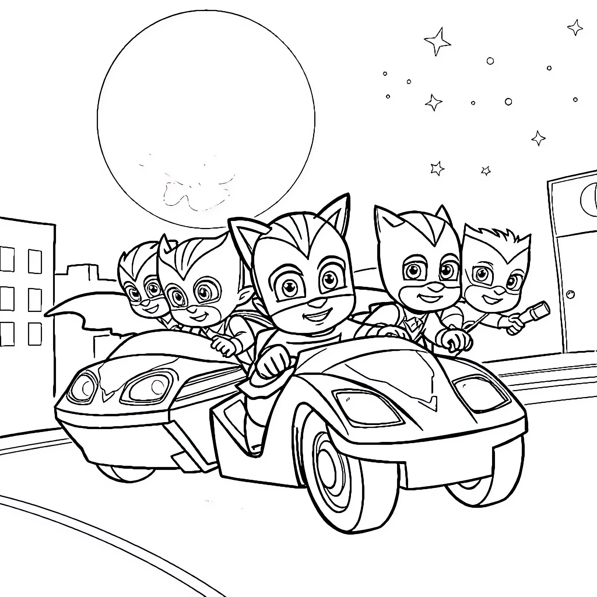 PJ Masks characters driving in a car at night Coloring Page (free black-and-white line drawing printable PDF for all, from beginners to advanced learners, including children, teens, adults, and seniors)