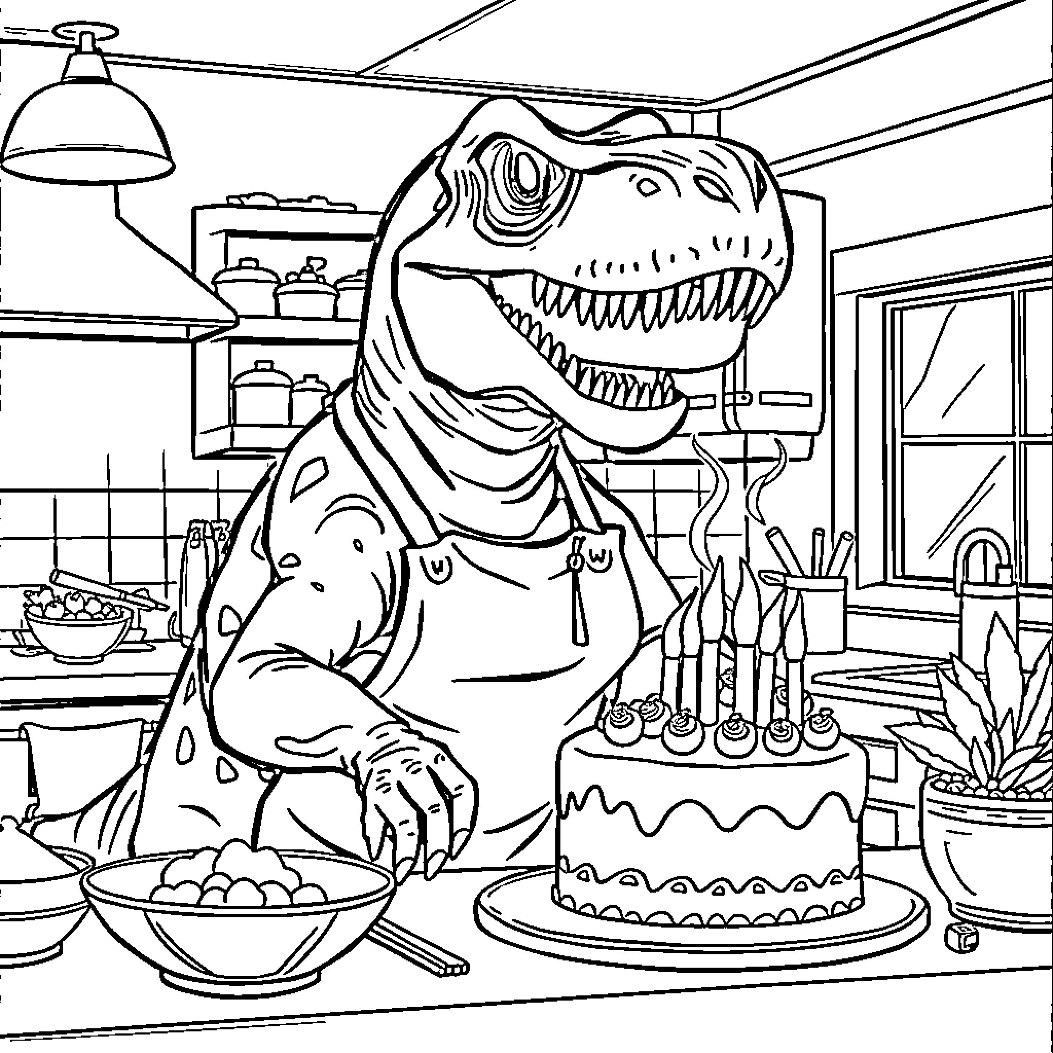 T-Rex celebrating a birthday party in the kitchen Coloring Page (free black-and-white line drawing printable PDF for all, from beginners to advanced learners, including children, teens, adults, and seniors)