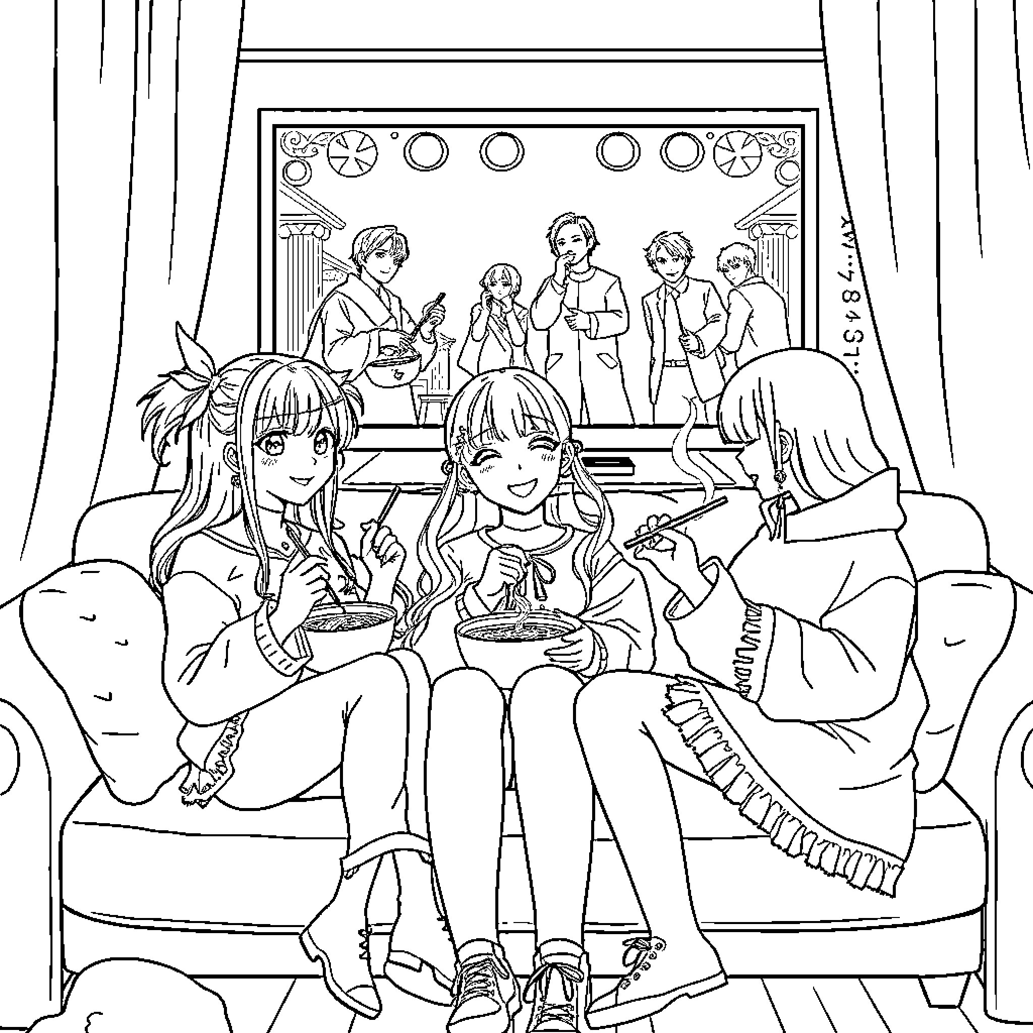 Demon Hunter Friends Enjoying Tea Party Coloring Page (free black-and-white line drawing printable PDF for all, from beginners to advanced learners, including children, teens, adults, and seniors)