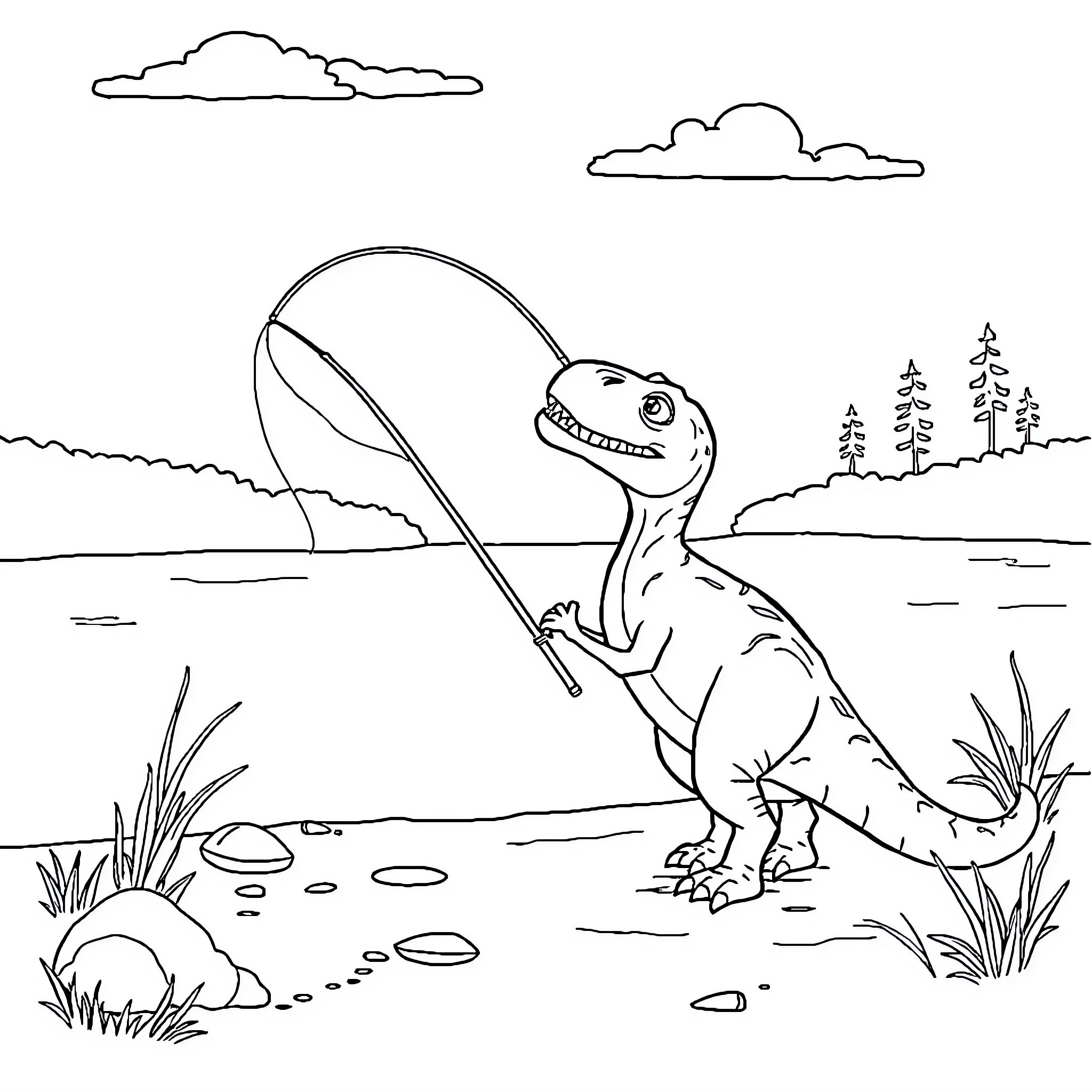 Dinosaur fishing in a serene lake Coloring Page (free black-and-white line drawing printable PDF for all, from beginners to advanced learners, including children, teens, adults, and seniors)