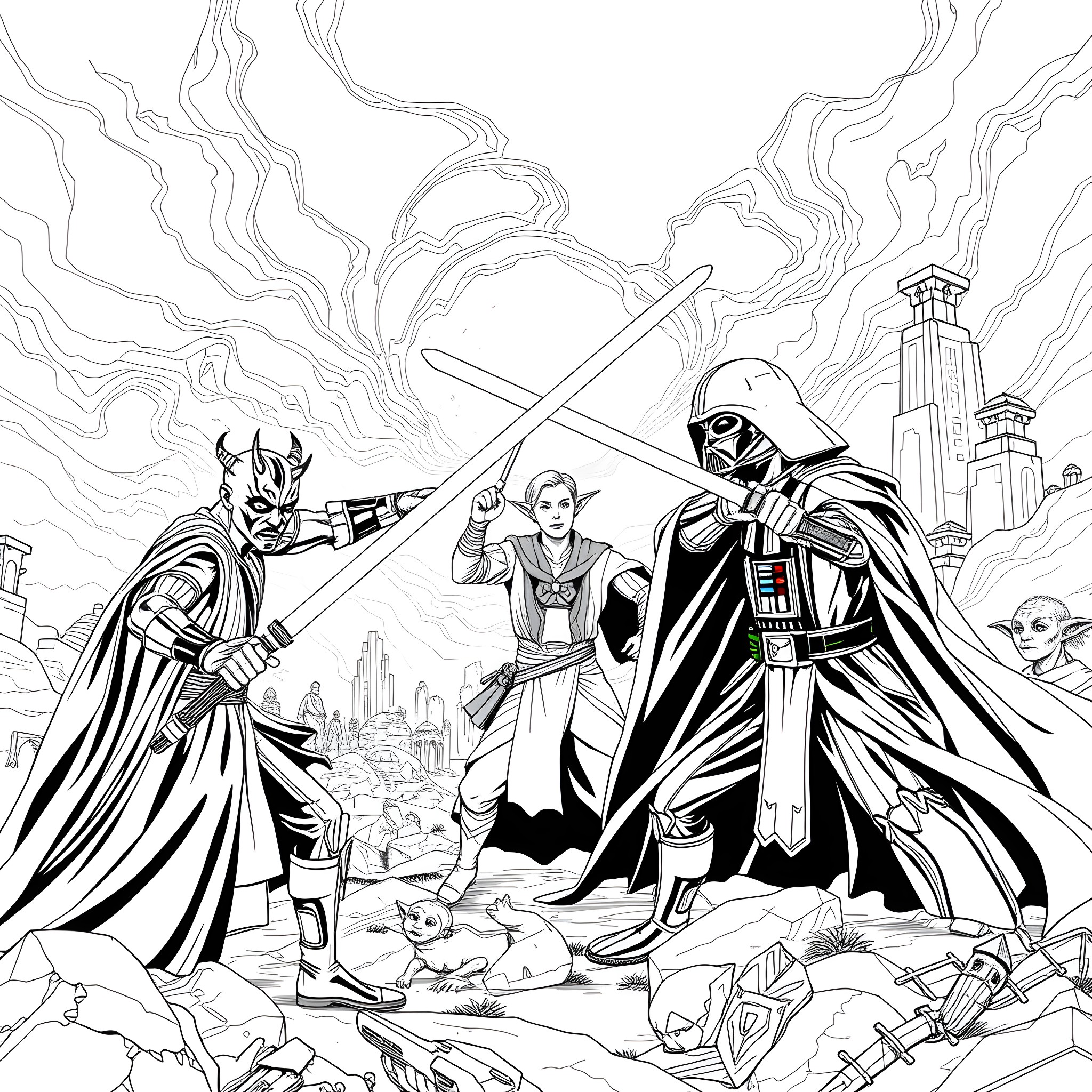 Duel of the Galactic Guardians Coloring Page (free black-and-white line drawing printable PDF for all, from beginners to advanced learners, including children, teens, adults, and seniors)