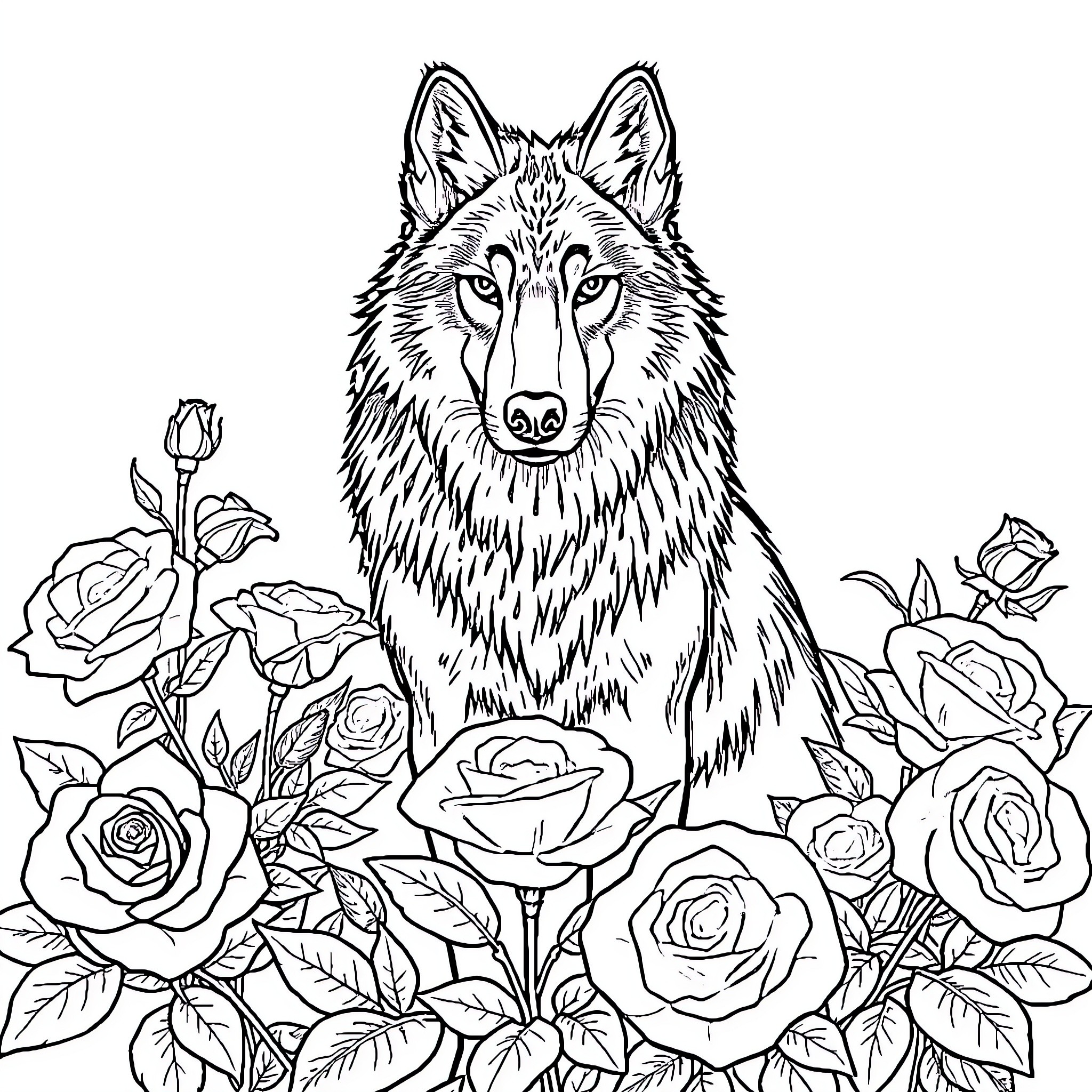 Wolf surrounded by blooming roses Coloring Page (free black-and-white line drawing printable PDF for all, from beginners to advanced learners, including children, teens, adults, and seniors)