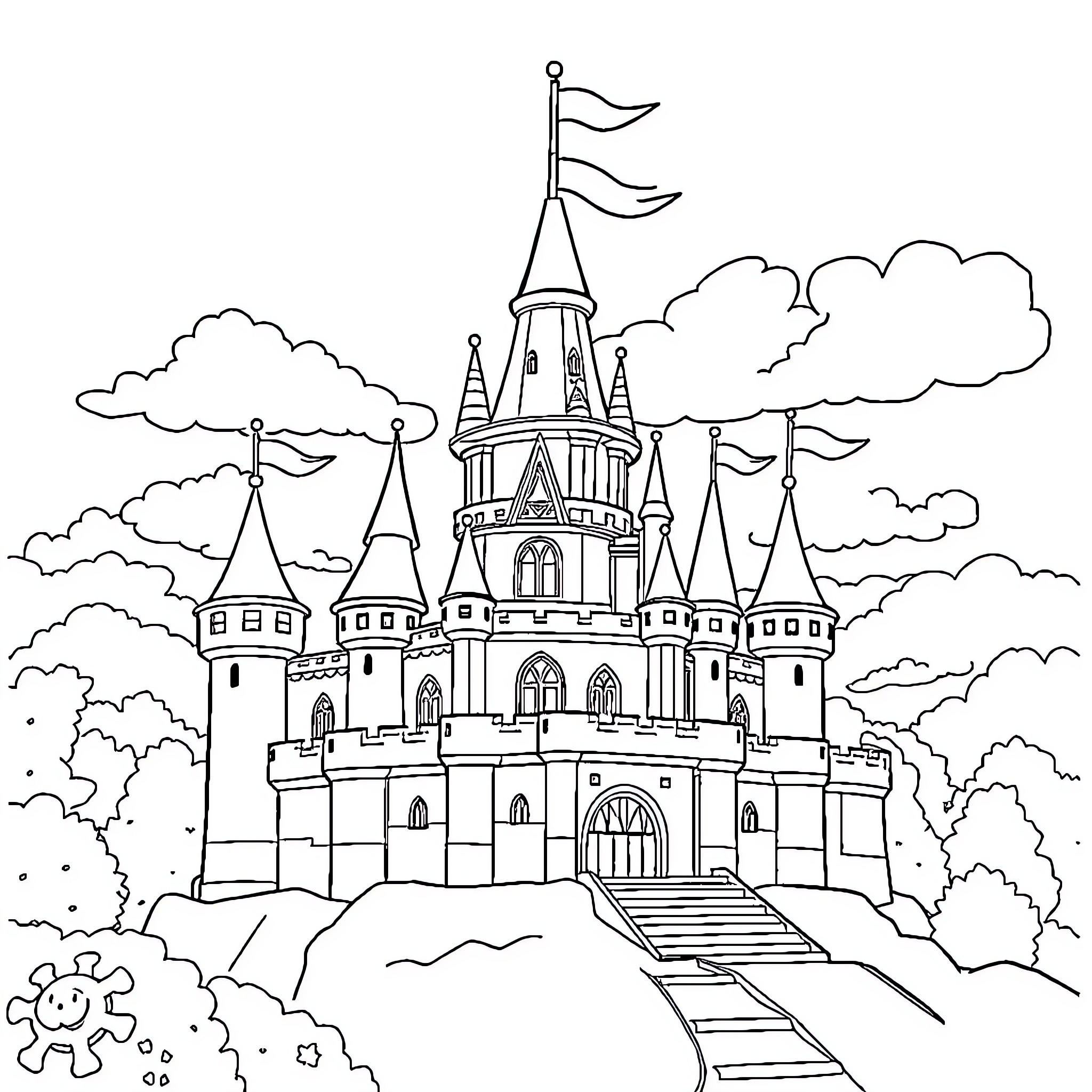 Princess's Enchanting Castle in the Clouds Coloring Page (free black-and-white line drawing printable PDF for all, from beginners to advanced learners, including children, teens, adults, and seniors)
