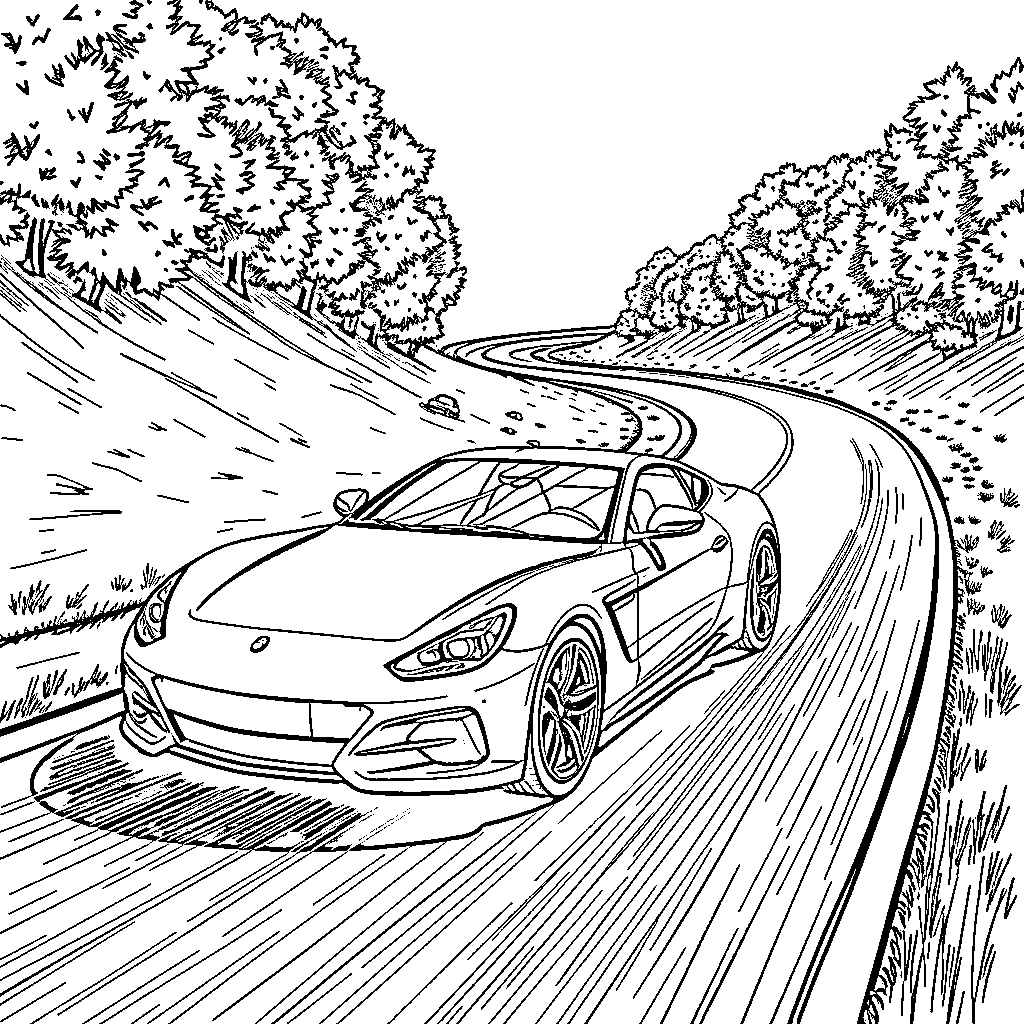 Car Speeding Through Winding Forest Road Coloring Page (free black-and-white line drawing printable PDF for all, from beginners to advanced learners, including children, teens, adults, and seniors)