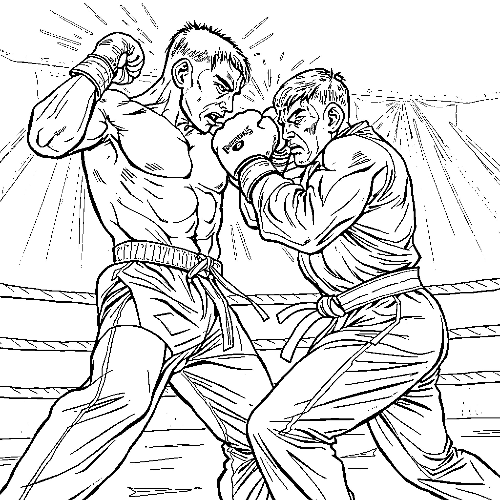 Boxer fighting intensely in the ring Coloring Page (free black-and-white line drawing printable PDF for all, from beginners to advanced learners, including children, teens, adults, and seniors)