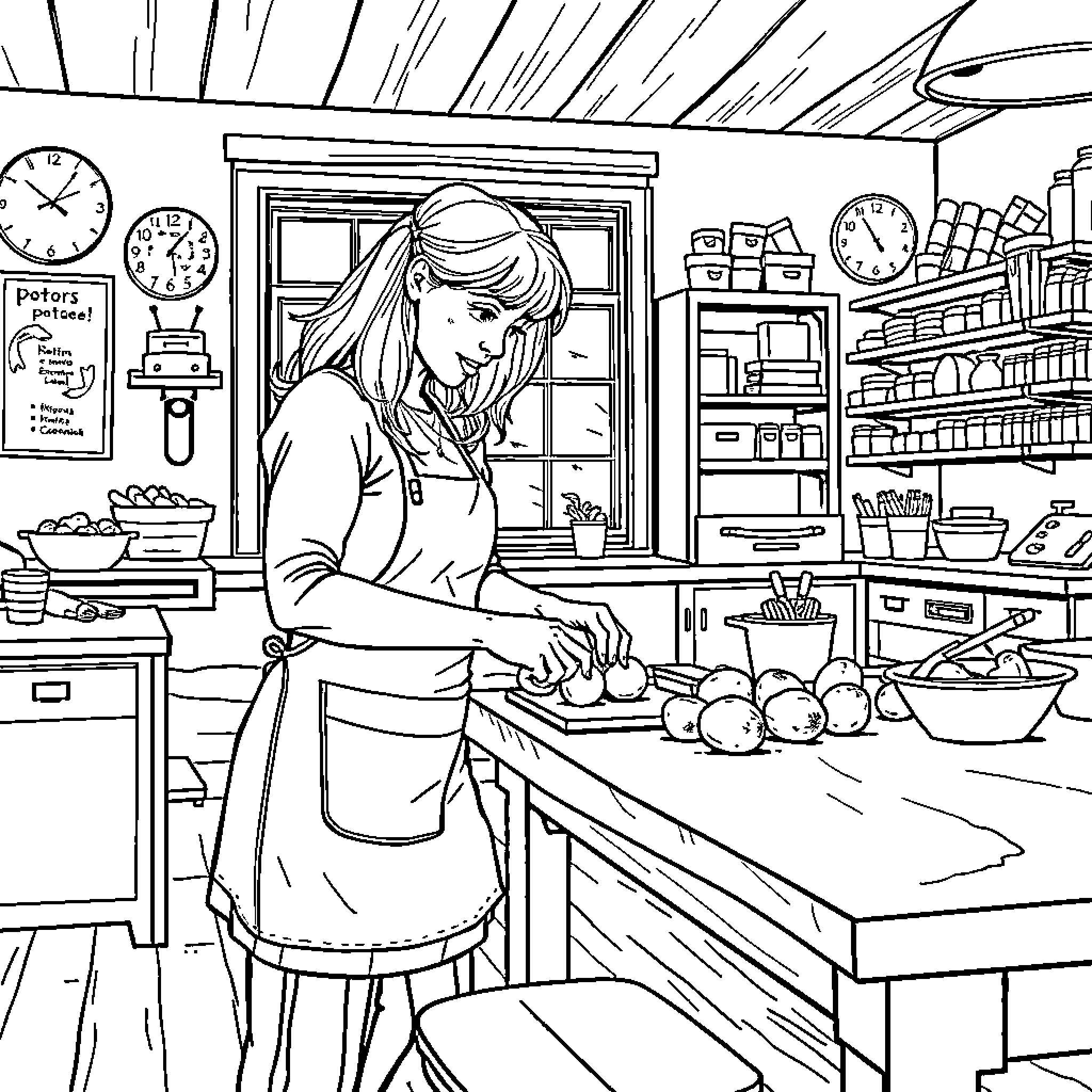 Danielle Smith working diligently in the kitchen Coloring Page (free black-and-white line drawing printable PDF for all, from beginners to advanced learners, including children, teens, adults, and seniors)