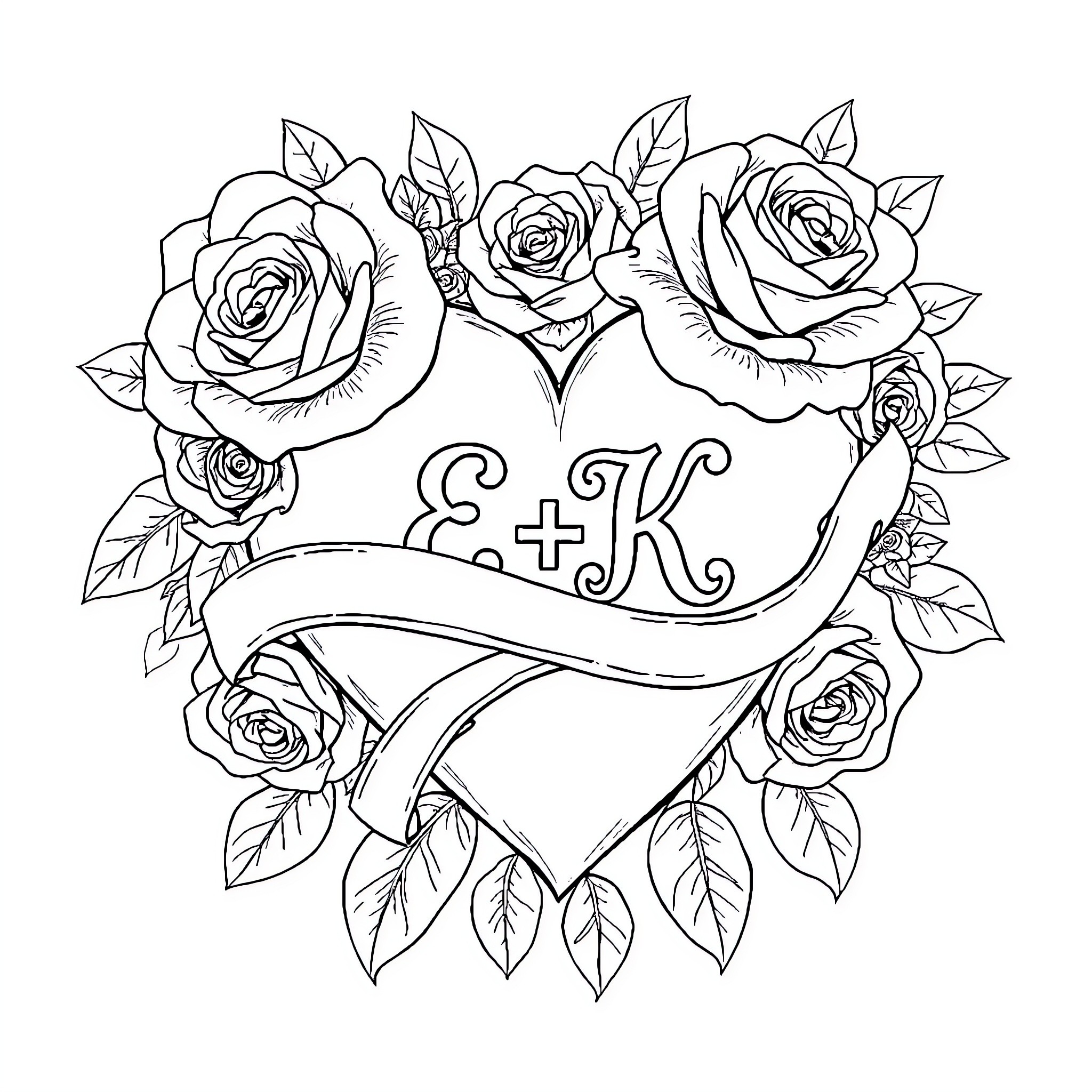 Heart-shaped Floral Frame with Initials Coloring Page (free black-and-white line drawing printable PDF for all, from beginners to advanced learners, including children, teens, adults, and seniors)