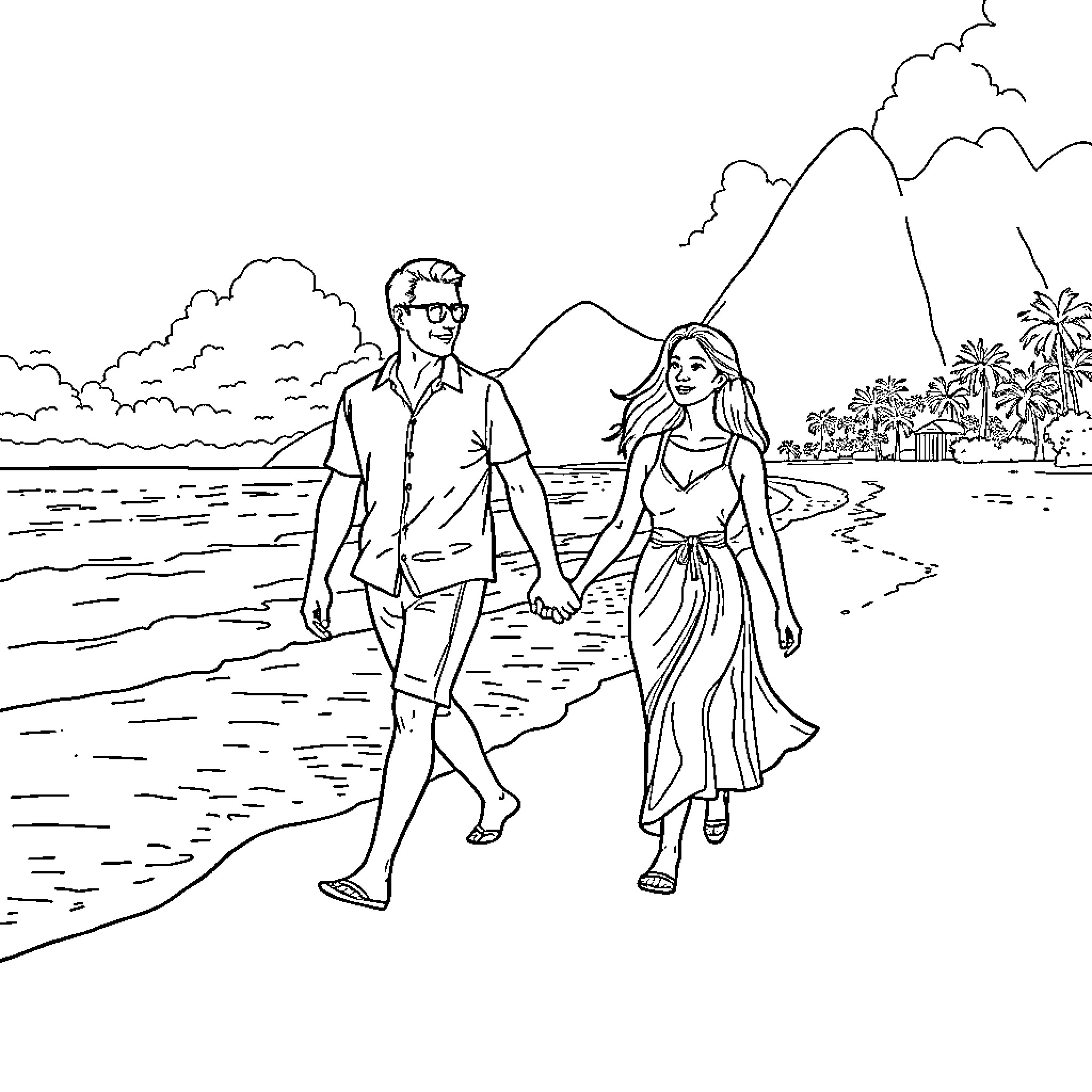 Couple enjoying a romantic beach stroll Coloring Page (free black-and-white line drawing printable PDF for all, from beginners to advanced learners, including children, teens, adults, and seniors)