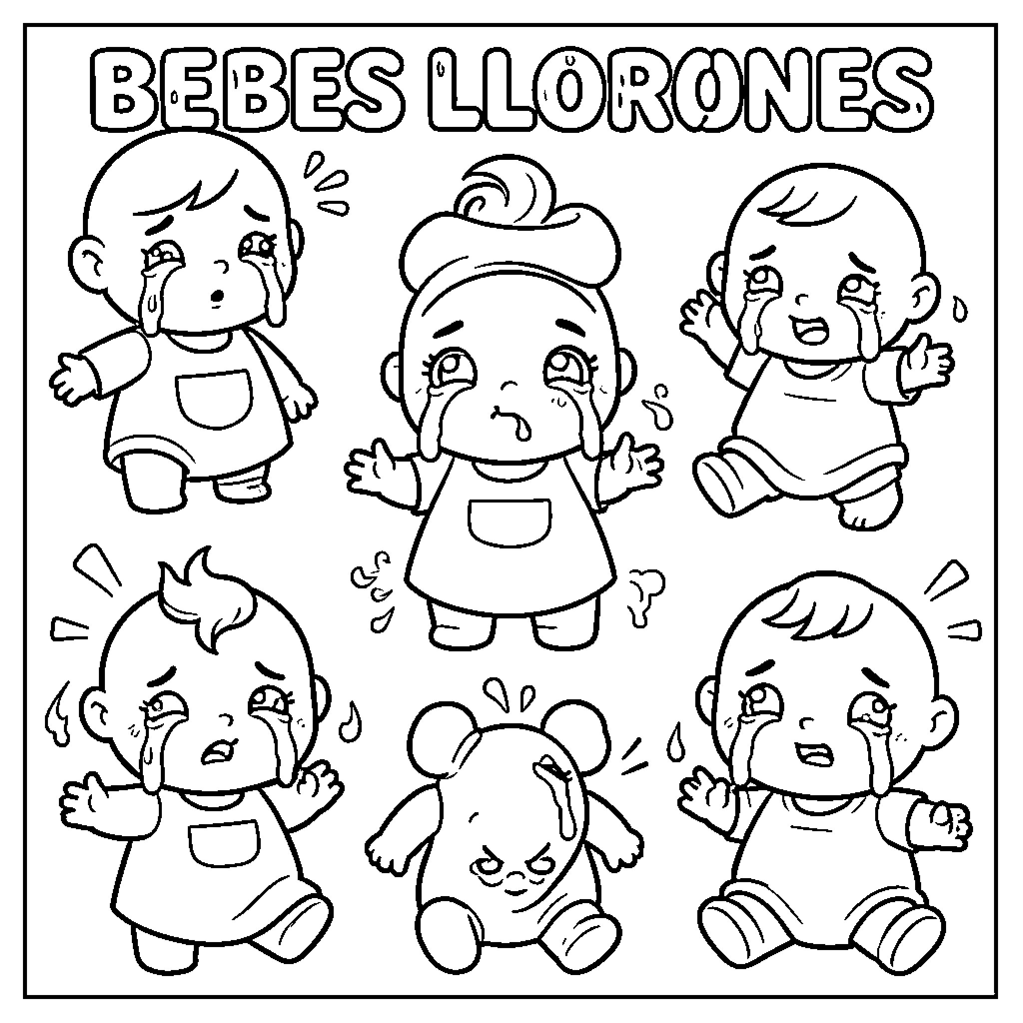 Cry Babies expressing sadness and crying loudly Coloring Page (free black-and-white line drawing printable PDF for all, from beginners to advanced learners, including children, teens, adults, and seniors)