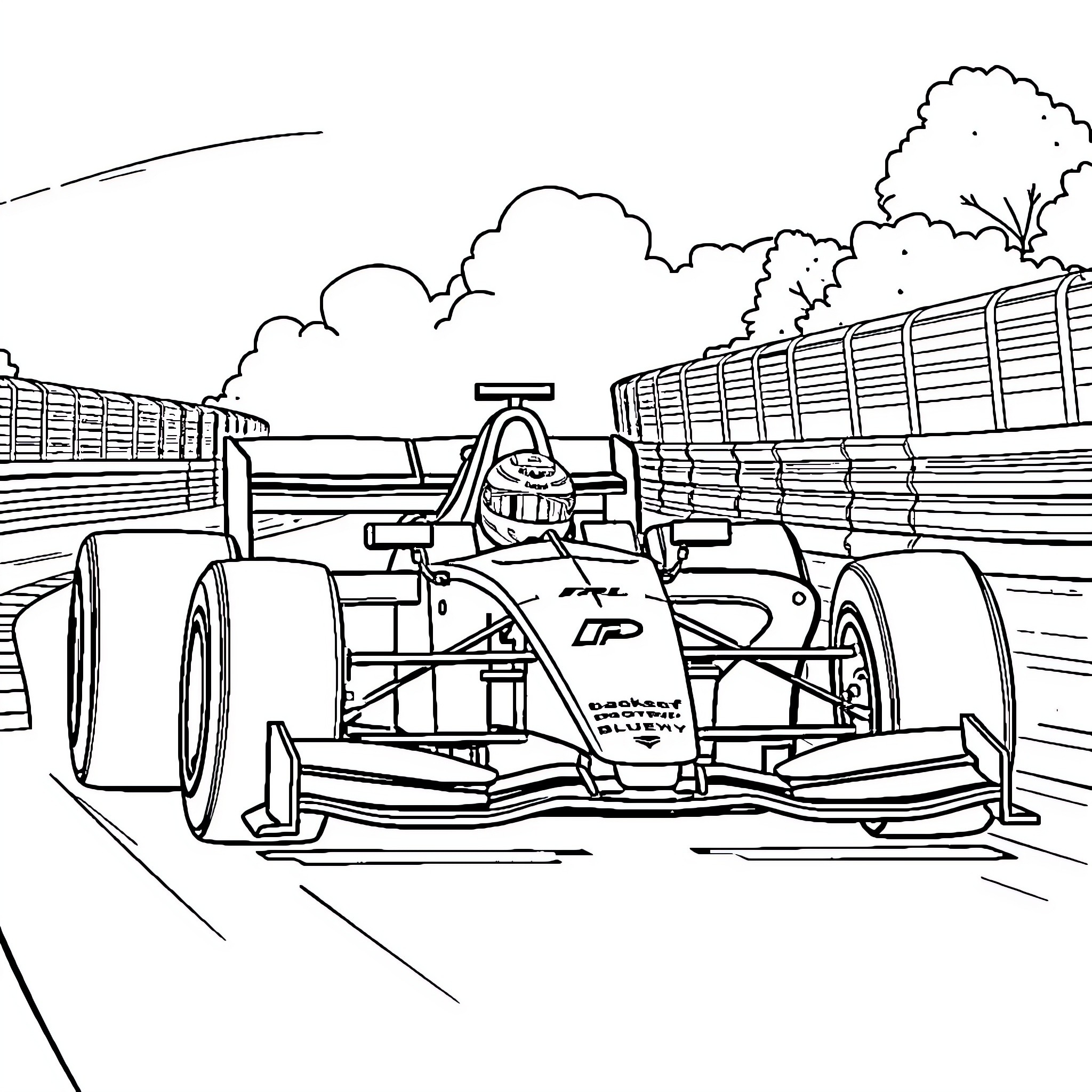 Bluey's Formula Race Adventure Coloring Page (free black-and-white line drawing printable PDF for all, from beginners to advanced learners, including children, teens, adults, and seniors)
