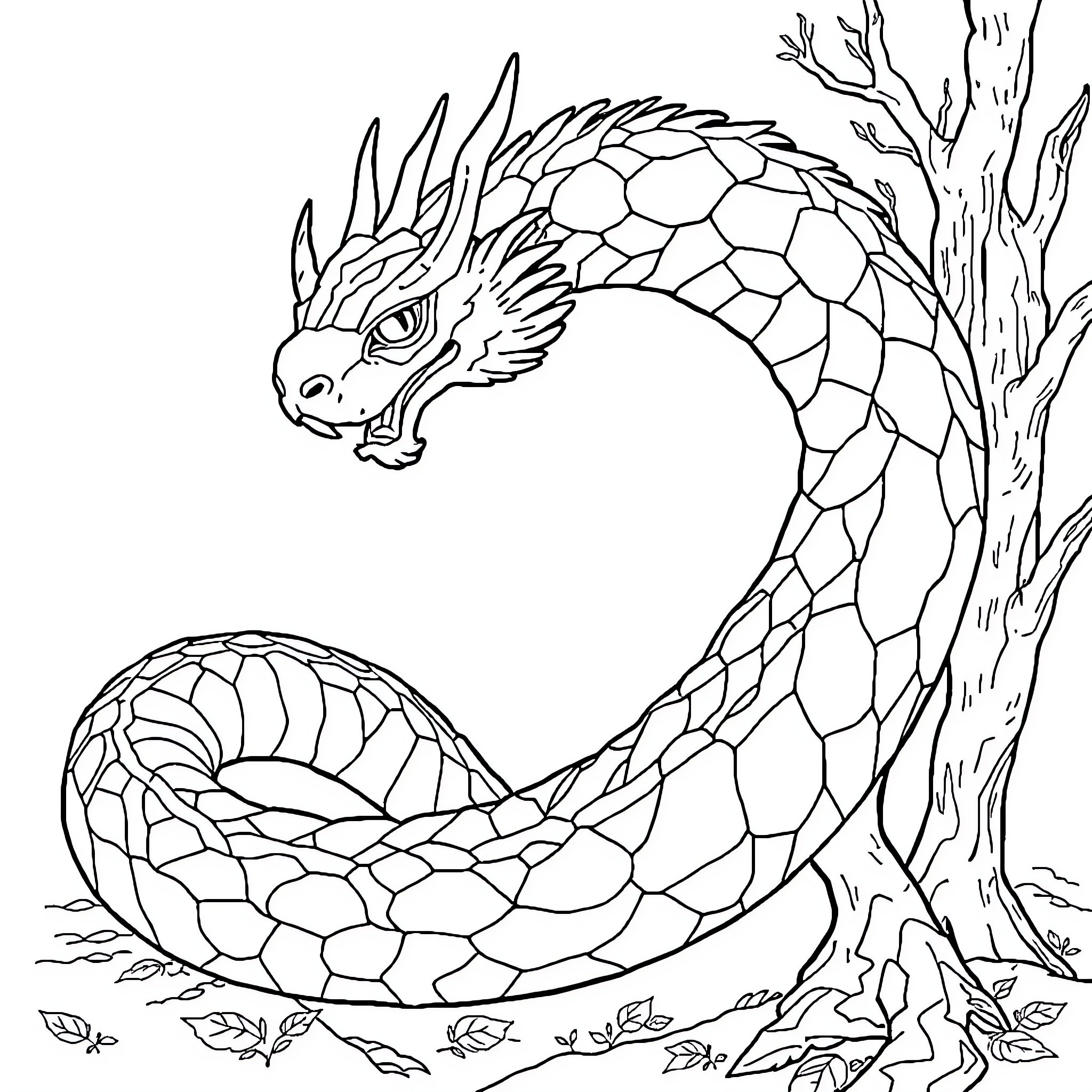 Serpent coiling around tree in the wilderness Coloring Page (free black-and-white line drawing printable PDF for all, from beginners to advanced learners, including children, teens, adults, and seniors)