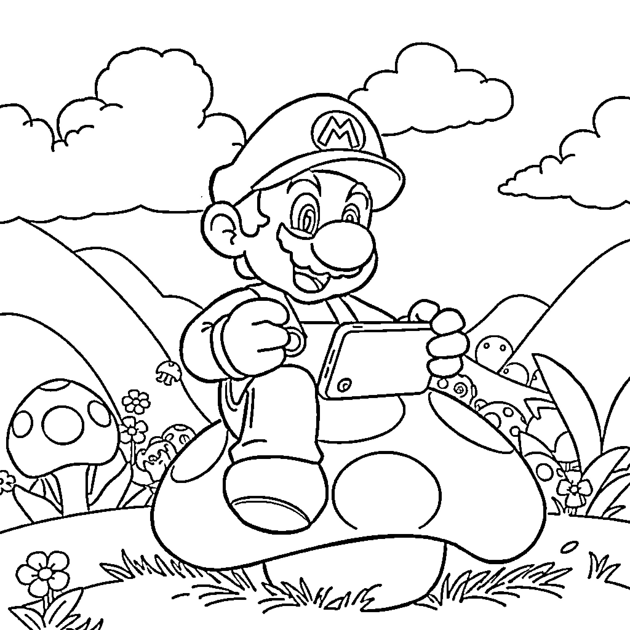 Mario taking a selfie in a mushroom-filled landscape Coloring Page (free black-and-white line drawing printable PDF for all, from beginners to advanced learners, including children, teens, adults, and seniors)