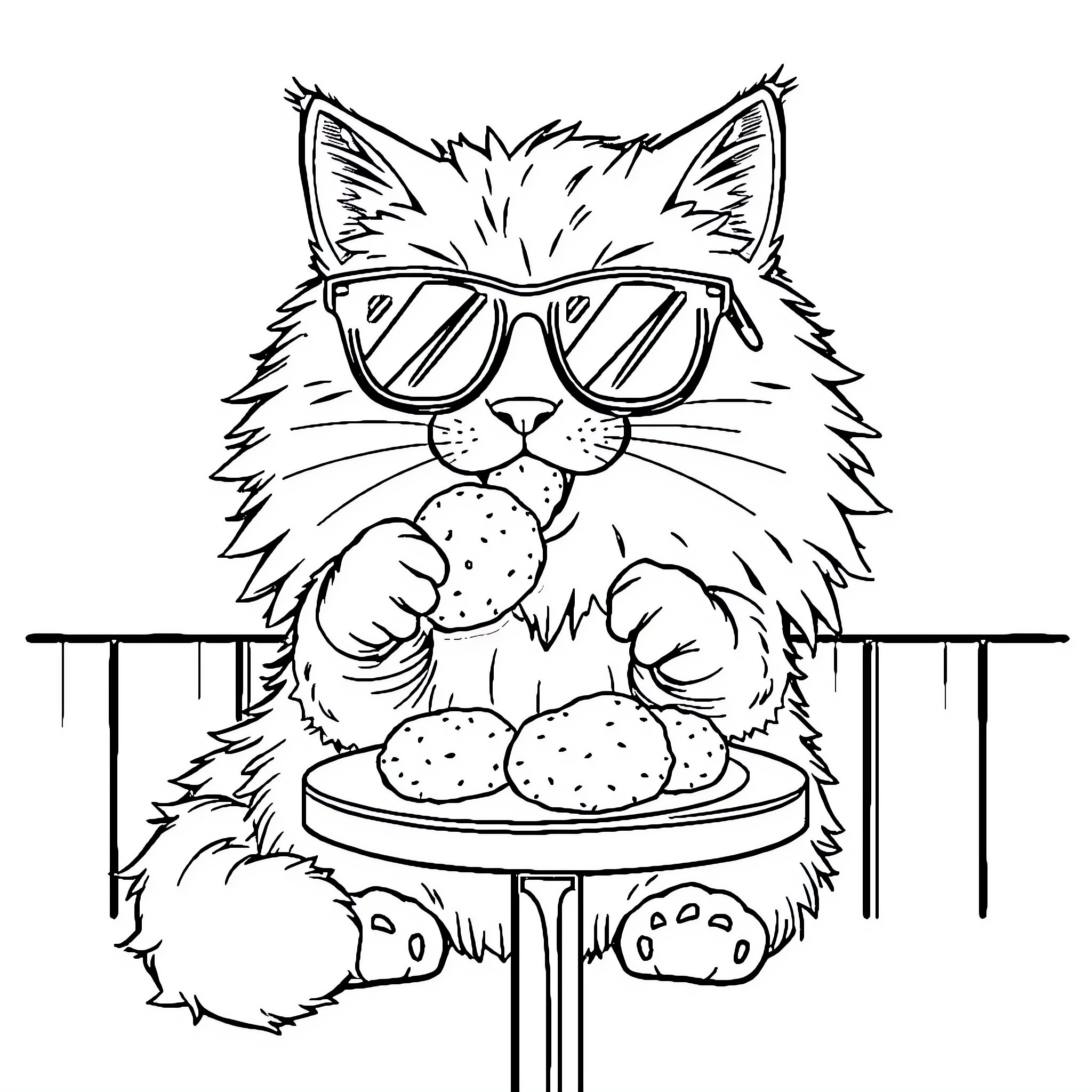 Cat enjoying snacks in stylish glasses Coloring Page (free black-and-white line drawing printable PDF for all, from beginners to advanced learners, including children, teens, adults, and seniors)