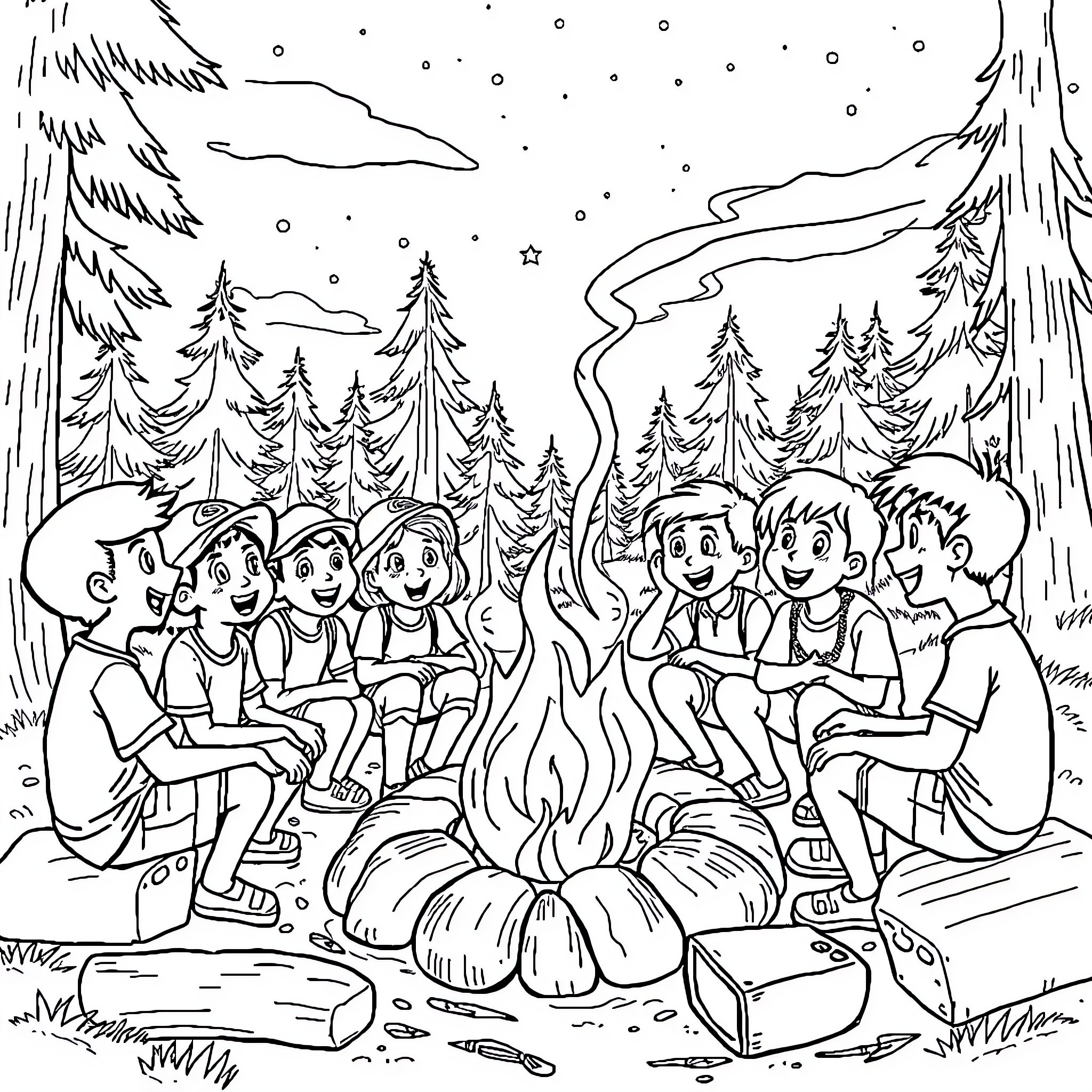 Campers gathering around the campfire on a snowy night Coloring Page (free black-and-white line drawing printable PDF for all, from beginners to advanced learners, including children, teens, adults, and seniors)