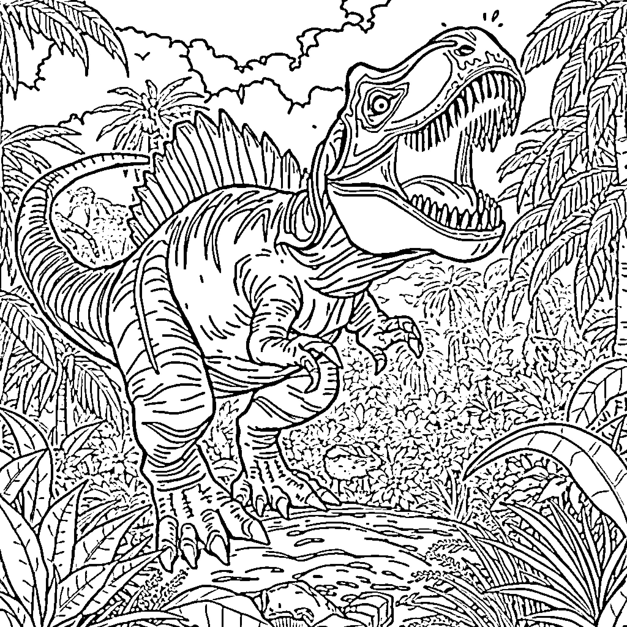 Spinosaurus roaming the prehistoric landscape Coloring Page (free black-and-white line drawing printable PDF for all, from beginners to advanced learners, including children, teens, adults, and seniors)