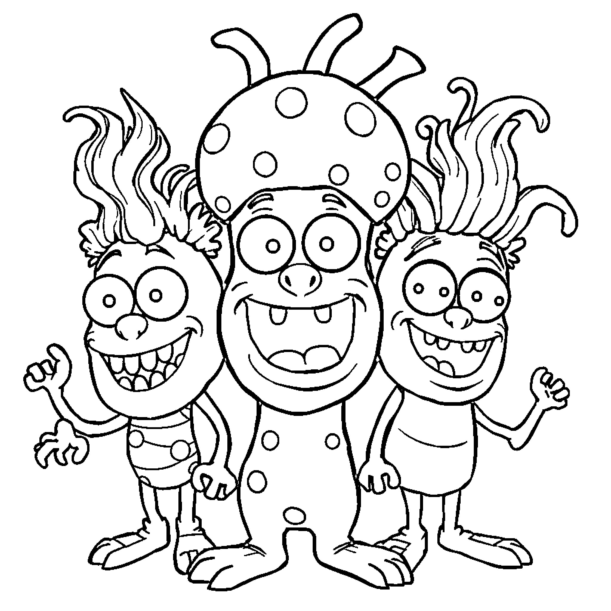 Brainrot Character Trio of Goofy Monsters Coloring Page (free black-and-white line drawing printable PDF for all, from beginners to advanced learners, including children, teens, adults, and seniors)