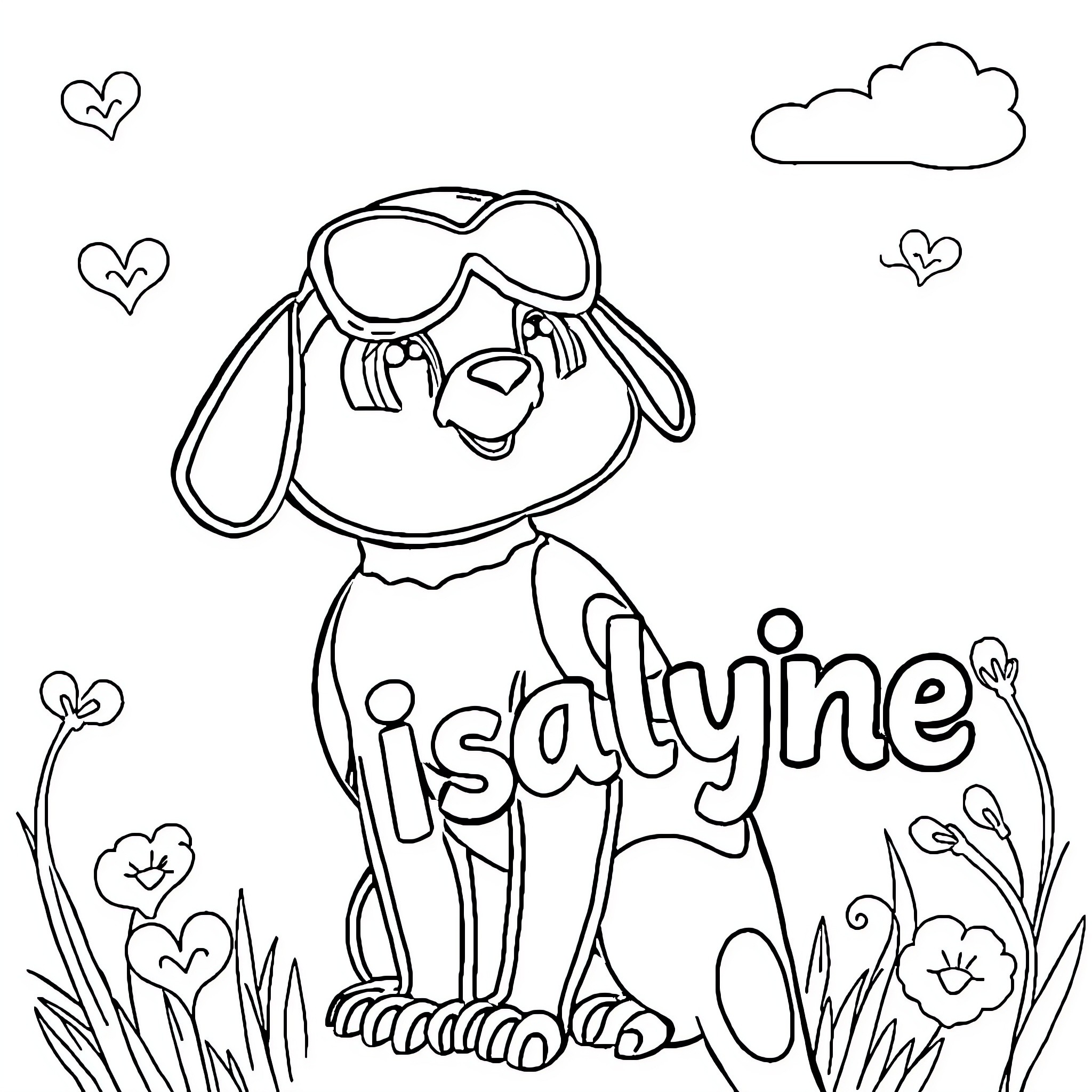 Patrouille of Playful Puppy in Pastoral Scene Coloring Page (free black-and-white line drawing printable PDF for all, from beginners to advanced learners, including children, teens, adults, and seniors)