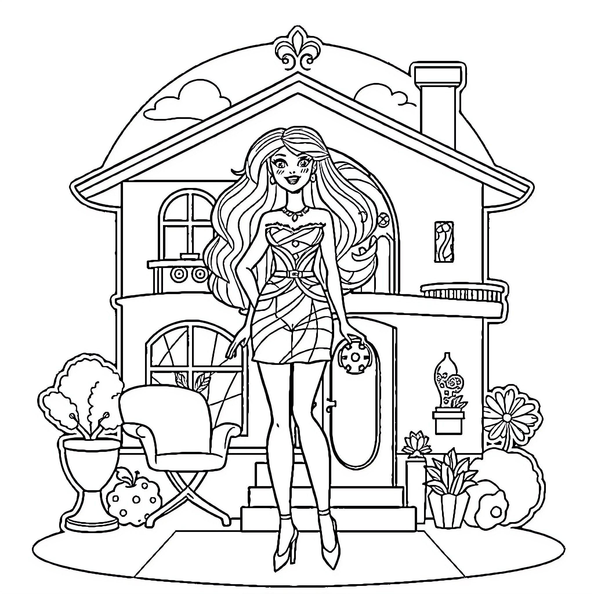 Barbie posing confidently outside her dream house Coloring Page (free black-and-white line drawing printable PDF for all, from beginners to advanced learners, including children, teens, adults, and seniors)
