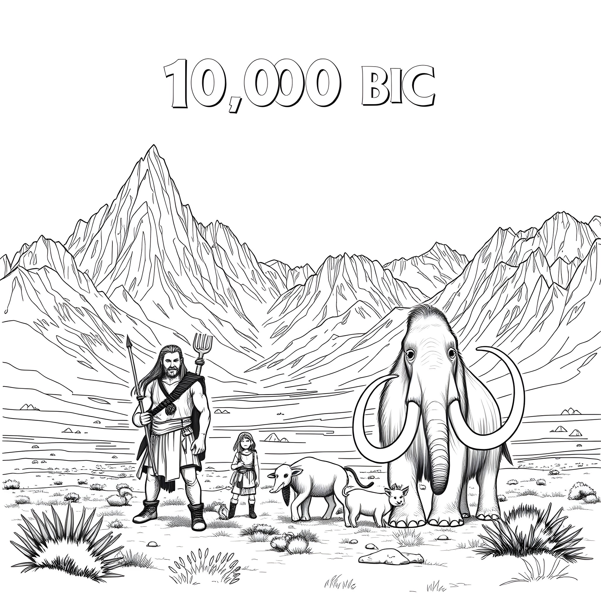 Character in prehistoric setting with large animals Coloring Page (free black-and-white line drawing printable PDF for all, from beginners to advanced learners, including children, teens, adults, and seniors)