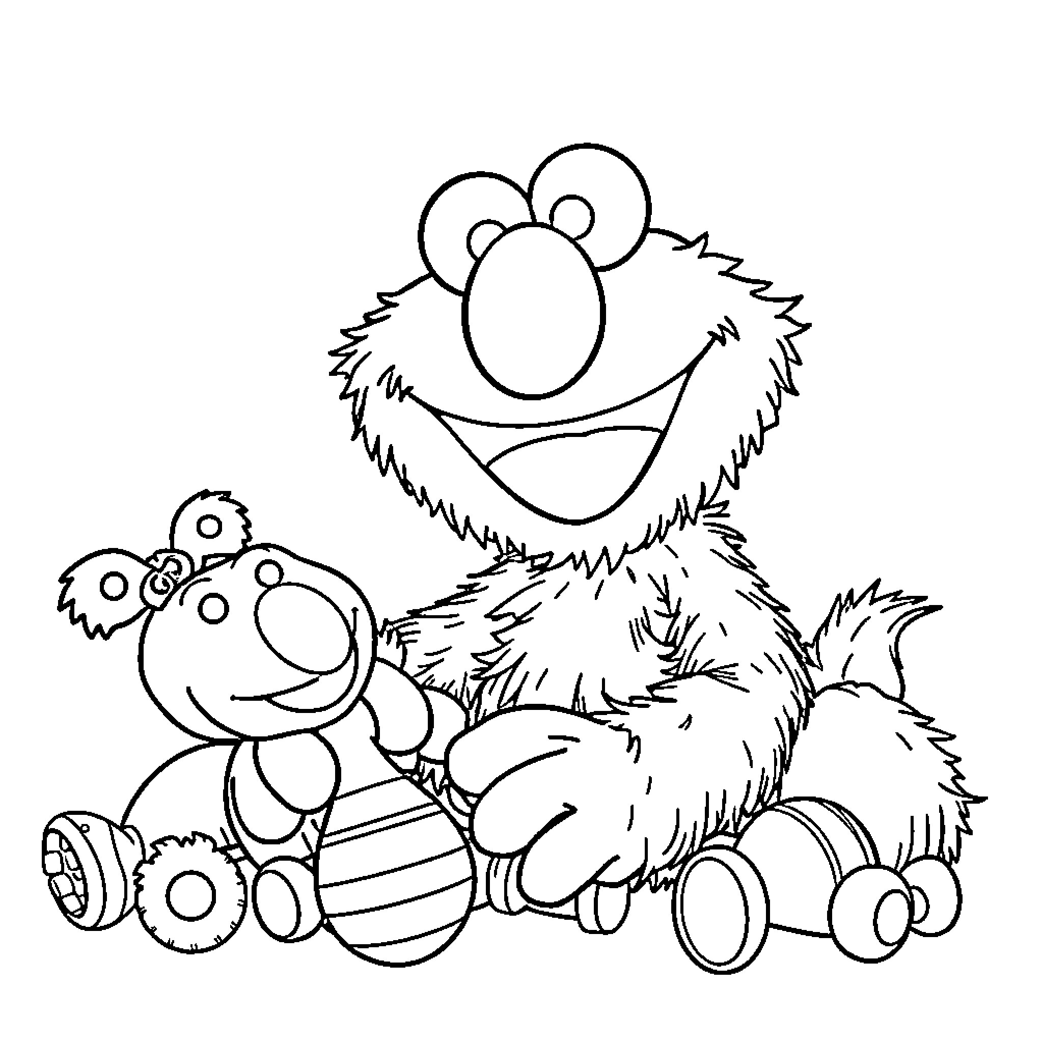 Elmo playing happily with toys Coloring Page (free black-and-white line drawing printable PDF for all, from beginners to advanced learners, including children, teens, adults, and seniors)
