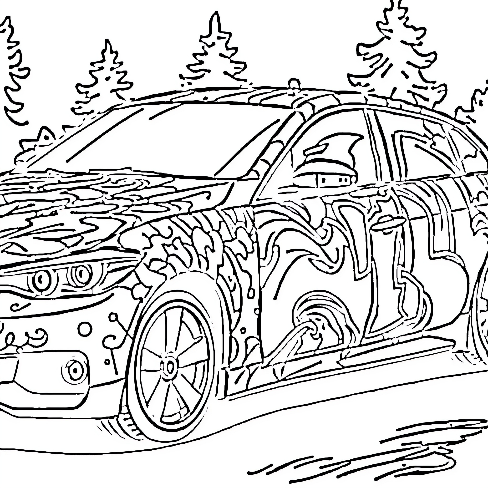 Car driving through muddy forest path Coloring Page (free black-and-white line drawing printable PDF for all, from beginners to advanced learners, including children, teens, adults, and seniors)
