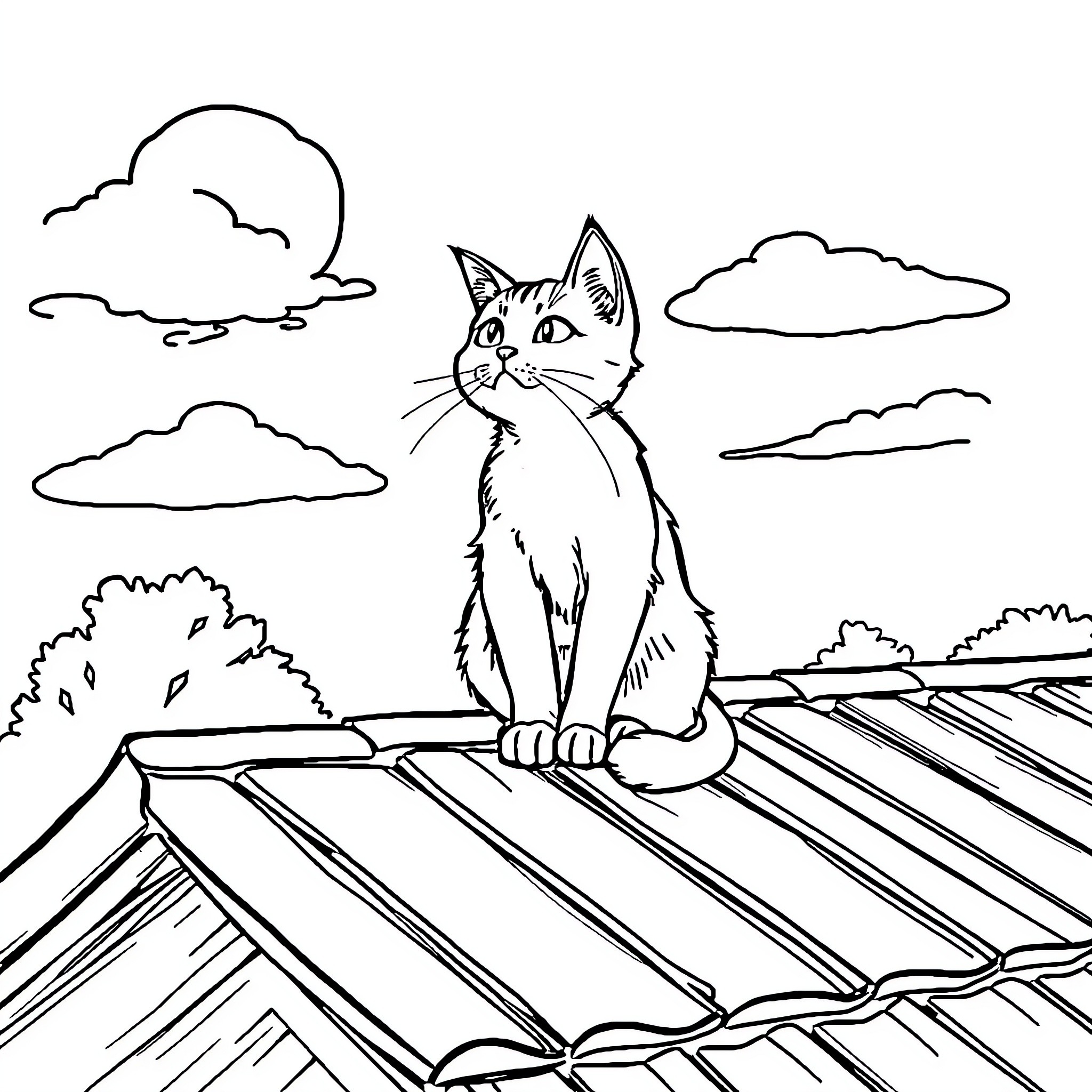 Cat observing the scenery from a rooftop Coloring Page (free black-and-white line drawing printable PDF for all, from beginners to advanced learners, including children, teens, adults, and seniors)