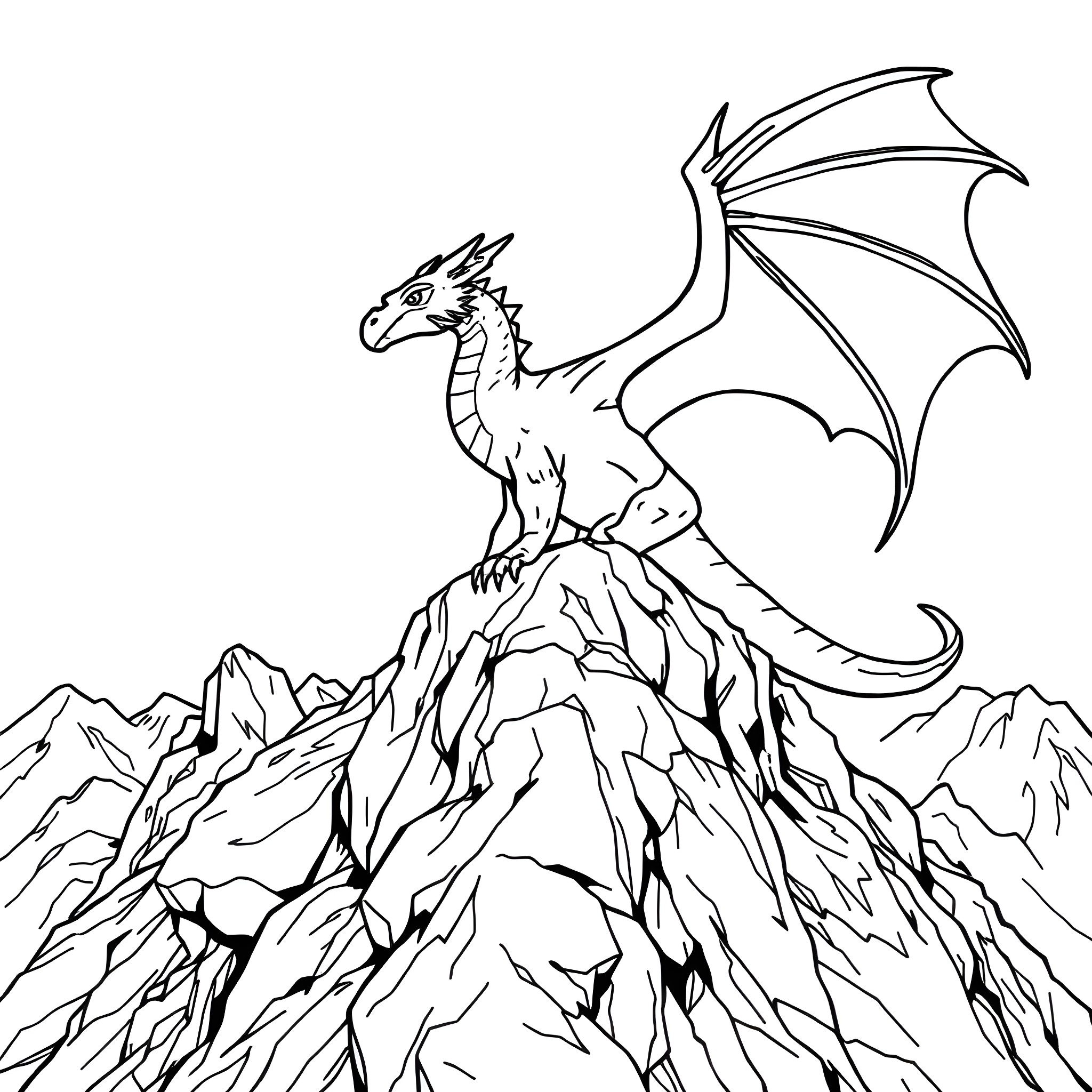 Dragon soaring majestically over rugged mountains Coloring Page (free black-and-white line drawing printable PDF for all, from beginners to advanced learners, including children, teens, adults, and seniors)